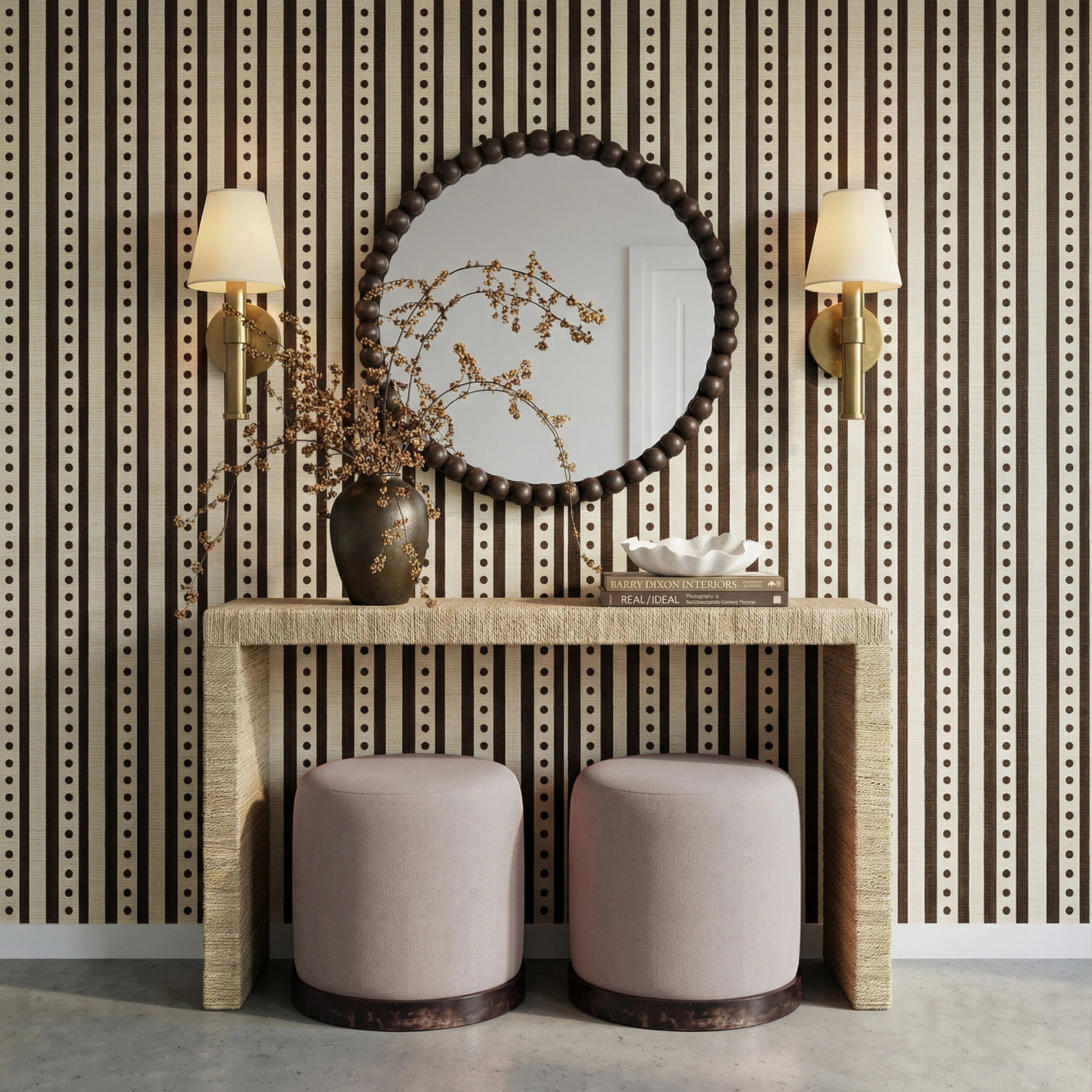 Como Burl and Cotton Jute Contract-Grade Accent Stool