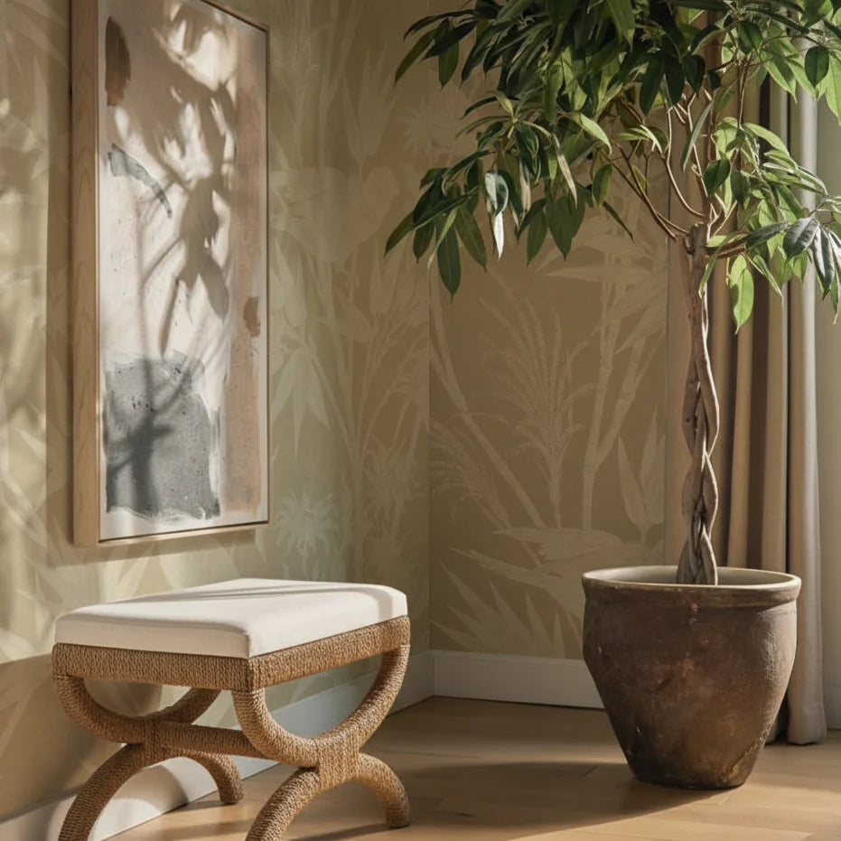 Kappa Cream Contract-Grade Fabric and Natural Seagrass Accent Stool