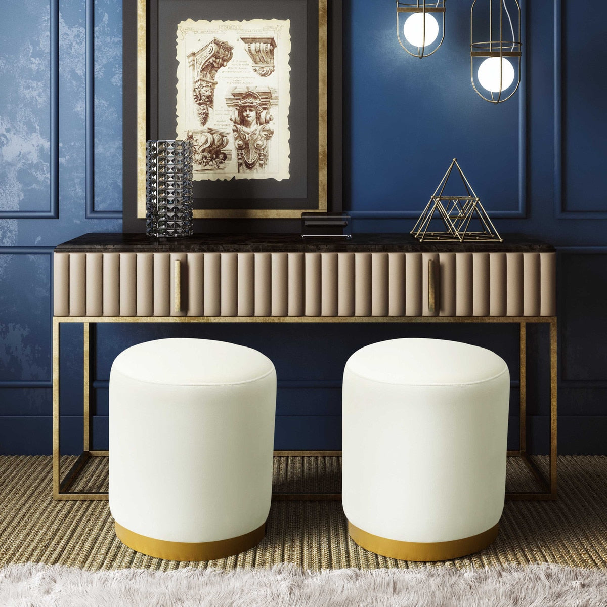 Opal Cream Velvet Ottoman with Gold Base