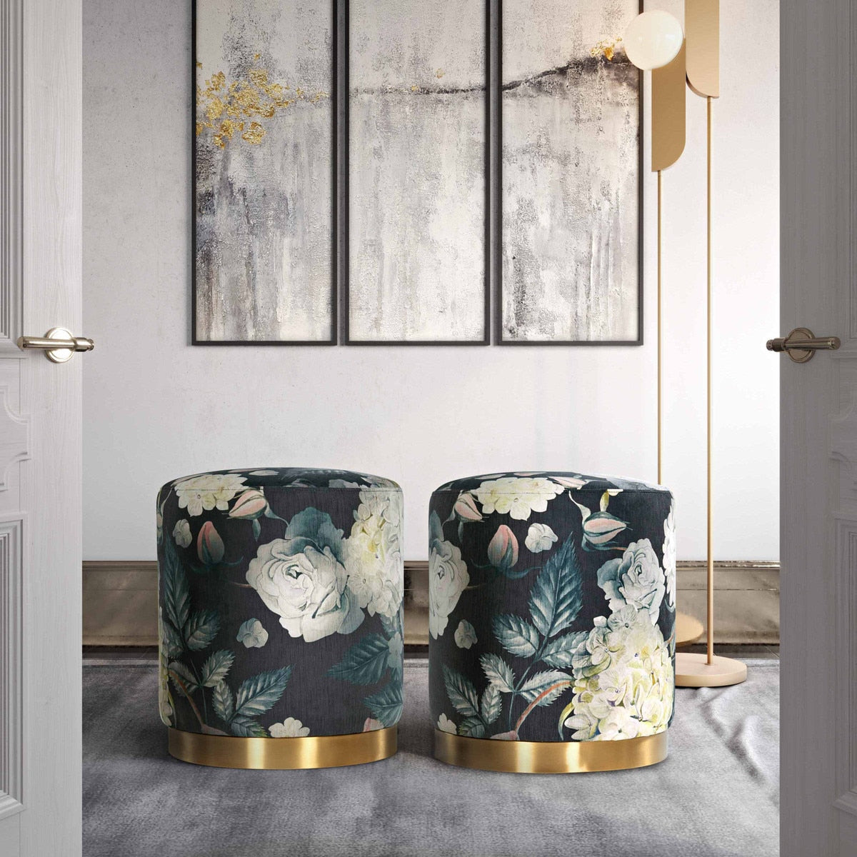 Pouf en velours floral opale - Base dorée