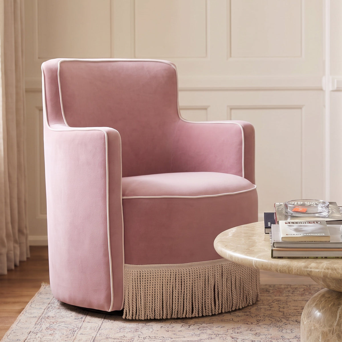 Passe Tasseled Velvet Swivel Accent Chair - Pink