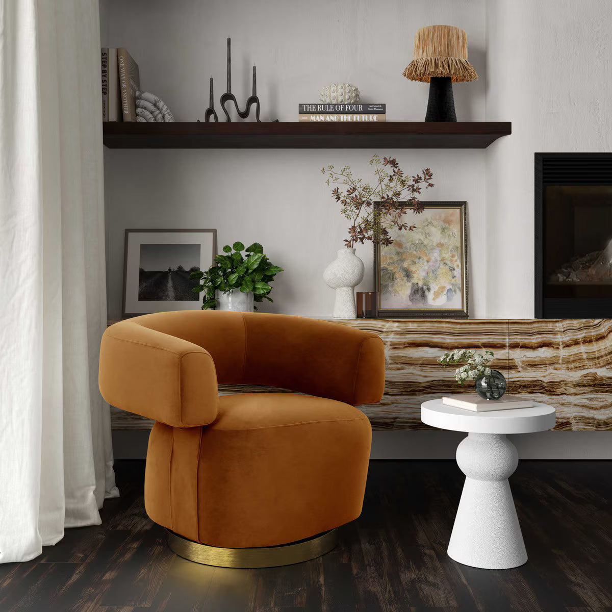 River Cognac Velvet Swivel Accent Chair