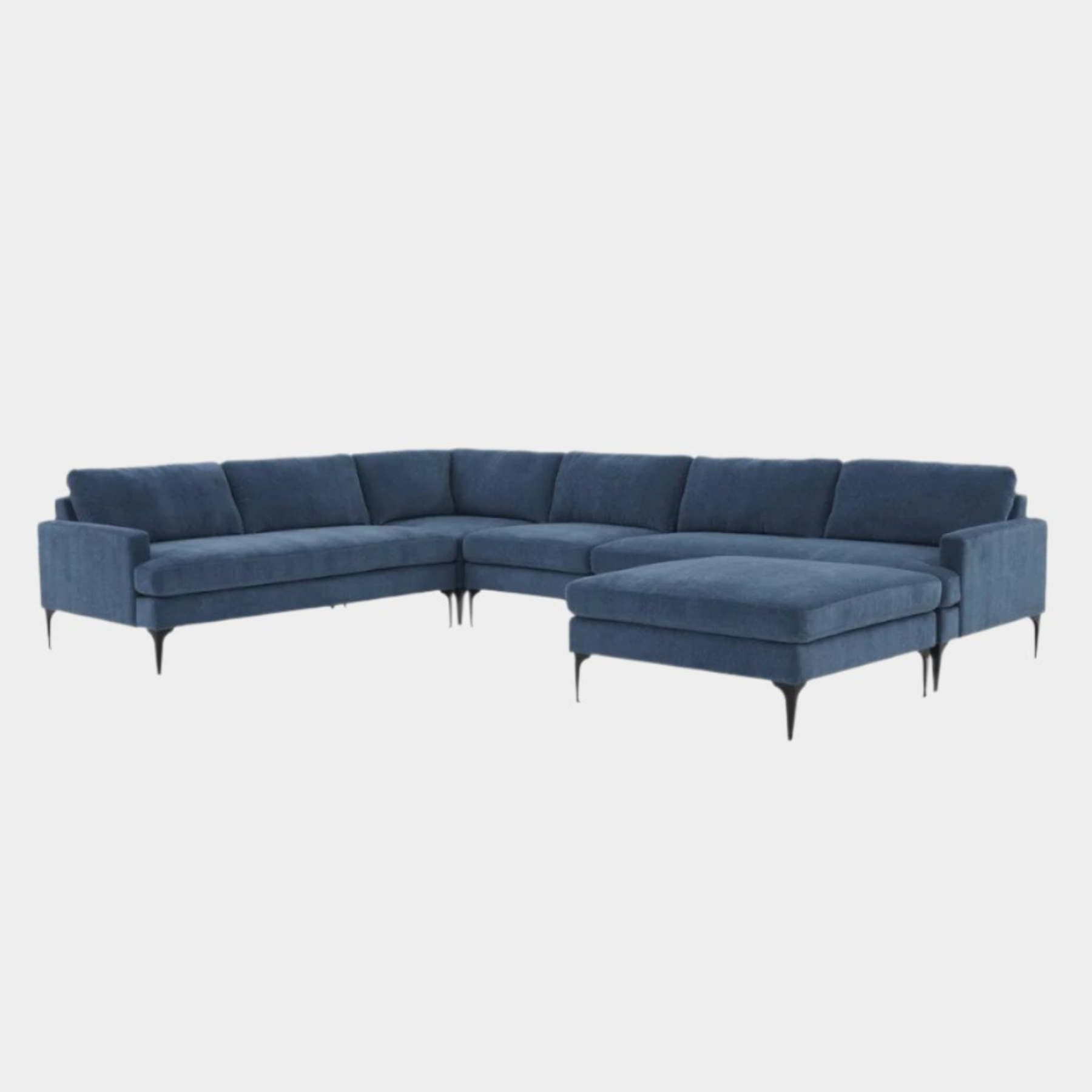 Serena Blue Velvet Large Chaise Sectional with Black Legs