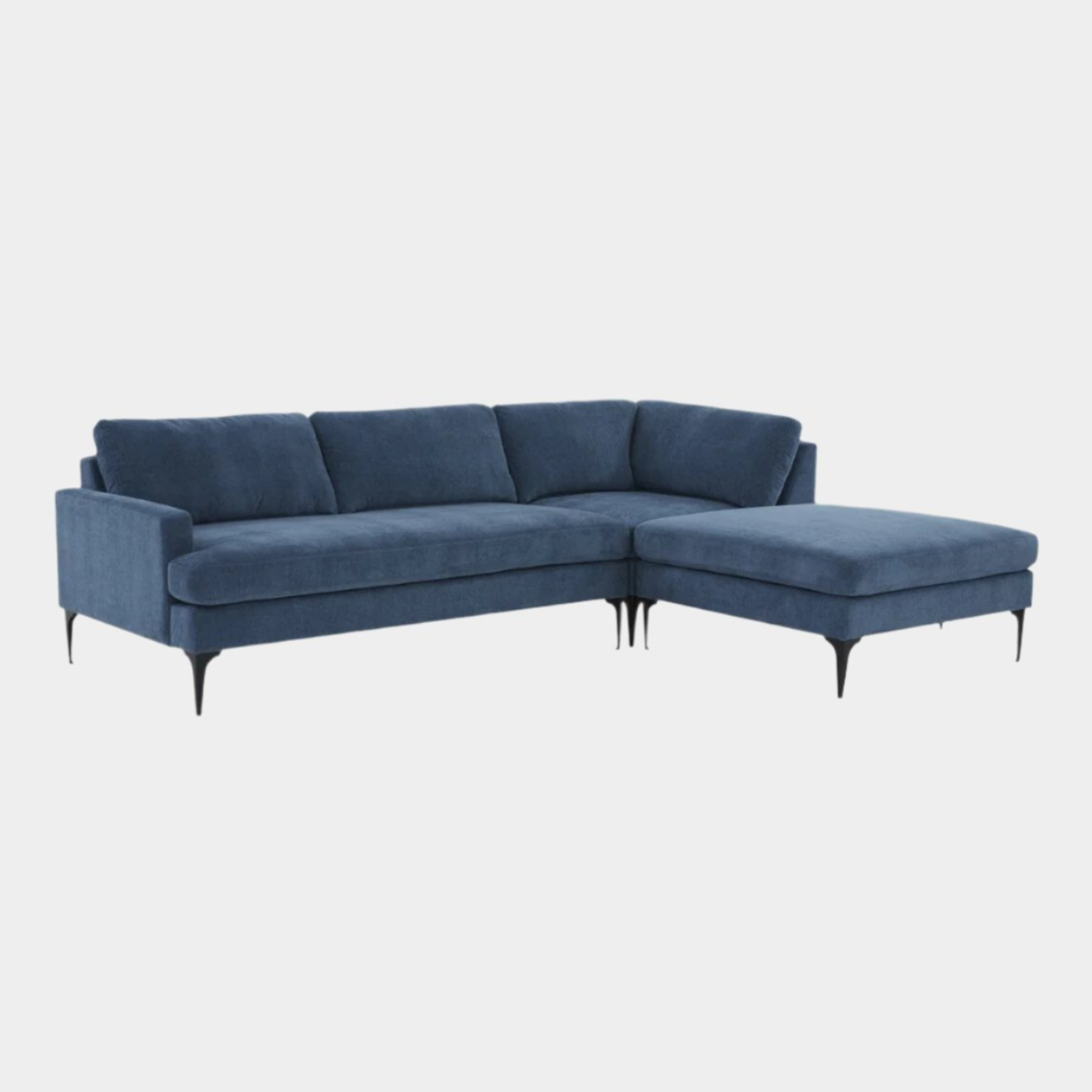 Serena Blue Velvet RAF Chaise Sectional with Black Legs