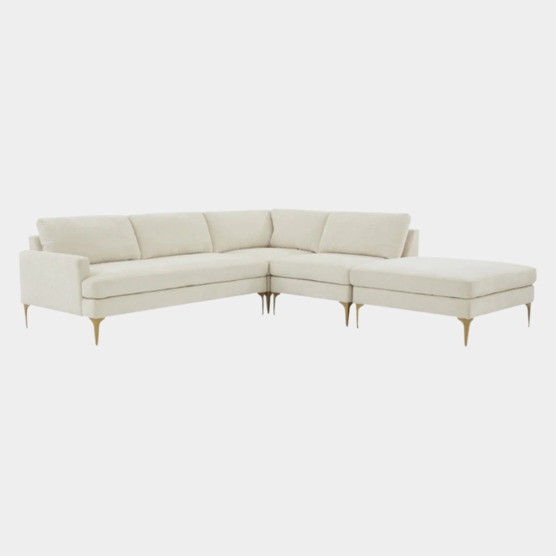 Serena Cream Velvet Large RAF Chaise Sectional with Brass Legs