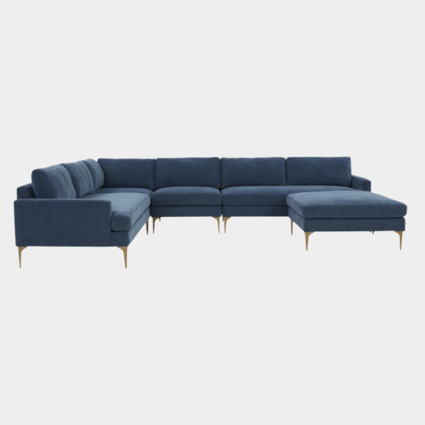 Serena Blue Velvet Large Chaise Sectional with Brass Legs