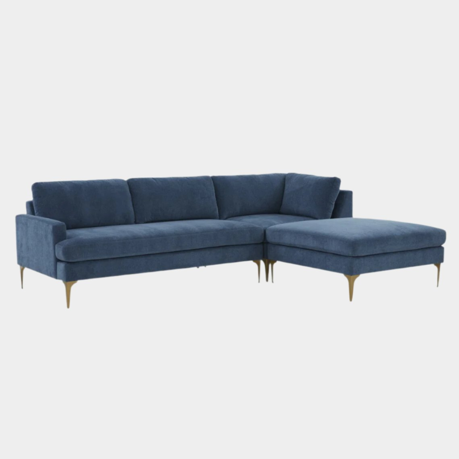 Serena Blue Velvet RAF Chaise Sectional with Brass Legs