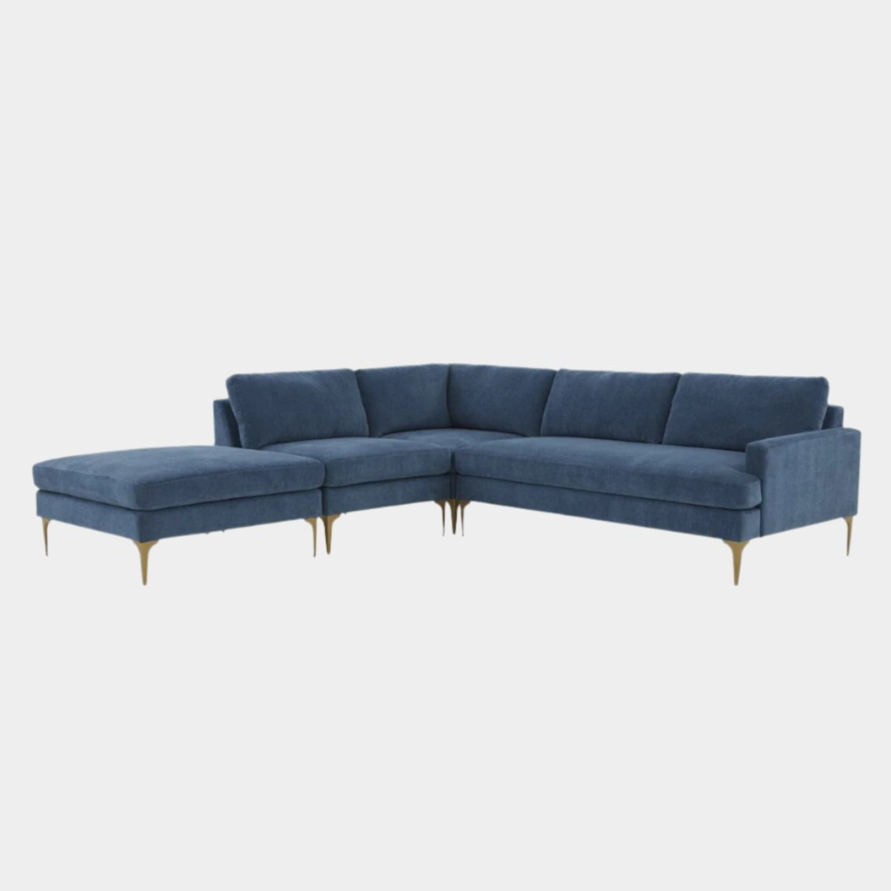 Serena Blue Velvet Large LAF Chaise Sectional with Brass Legs