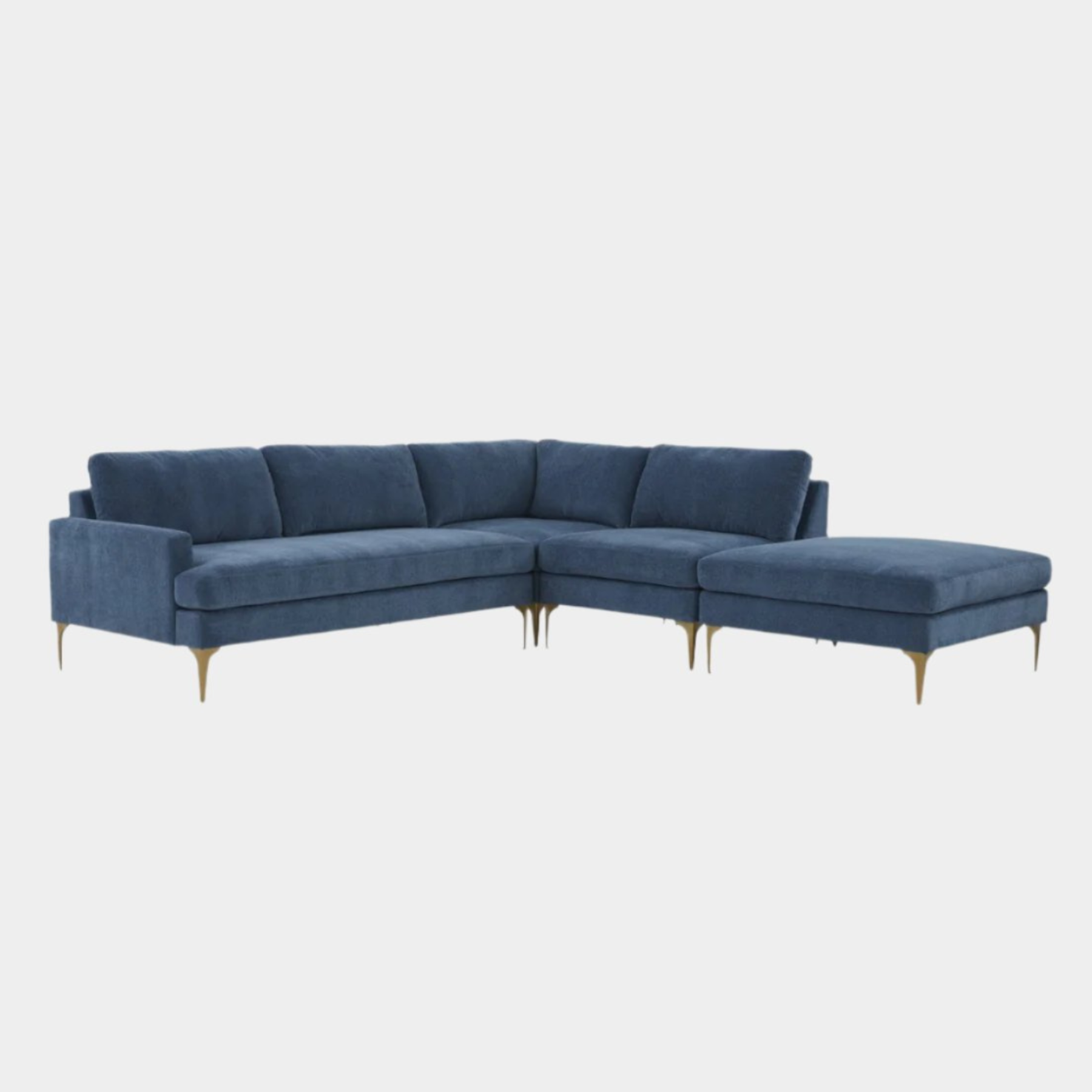 Serena Blue Velvet Large RAF Chaise Sectional with Brass Legs