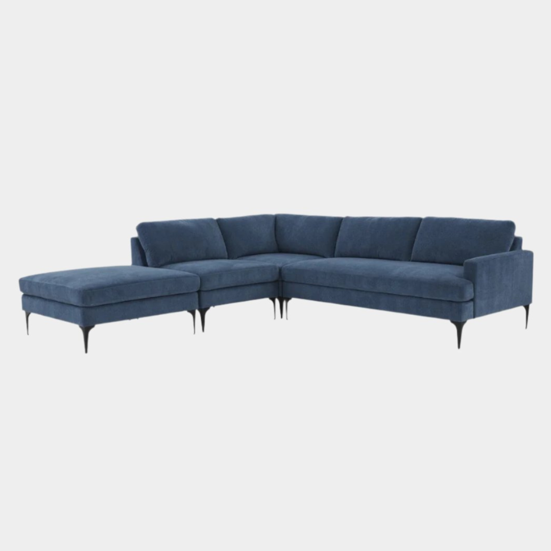 Serena Blue Velvet Large LAF Chaise Sectional with Black Legs