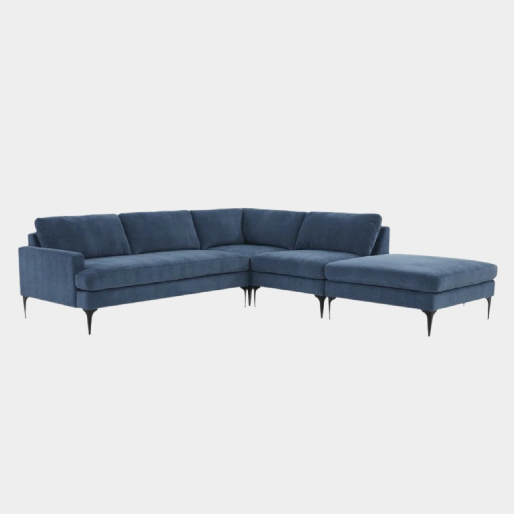 Serena Blue Velvet Large RAF Chaise Sectional with Black Legs