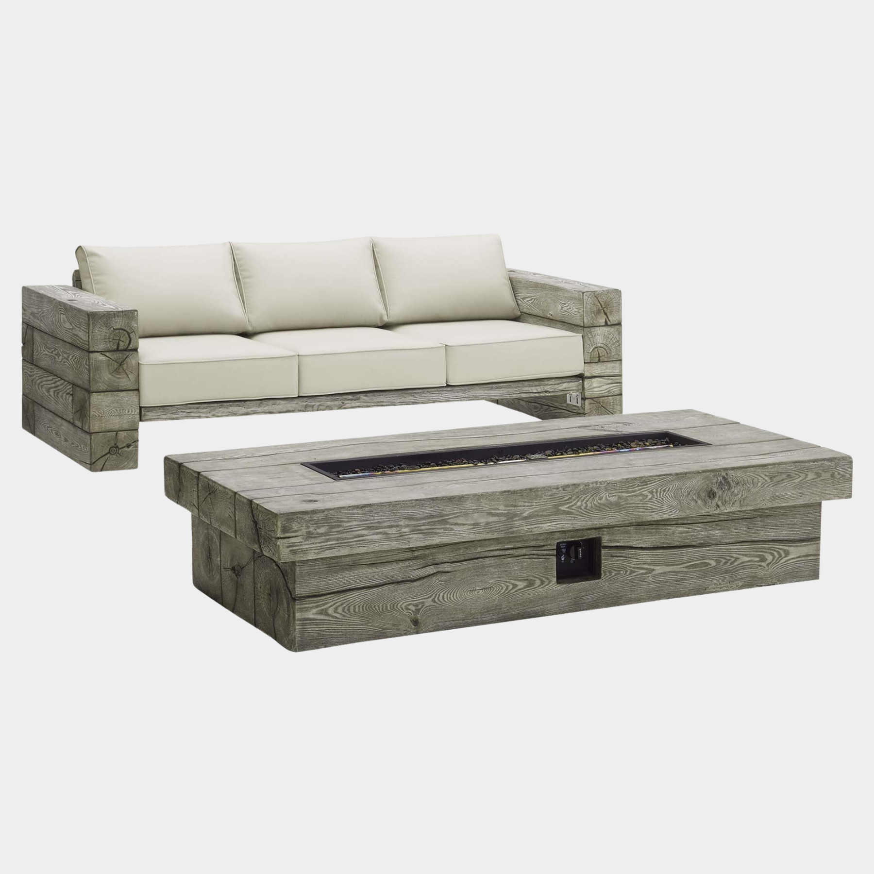 Manteo Rustic Coastal Outdoor Patio Sunbrella® Sofa and Fire Pit Set in Light Gray Beige