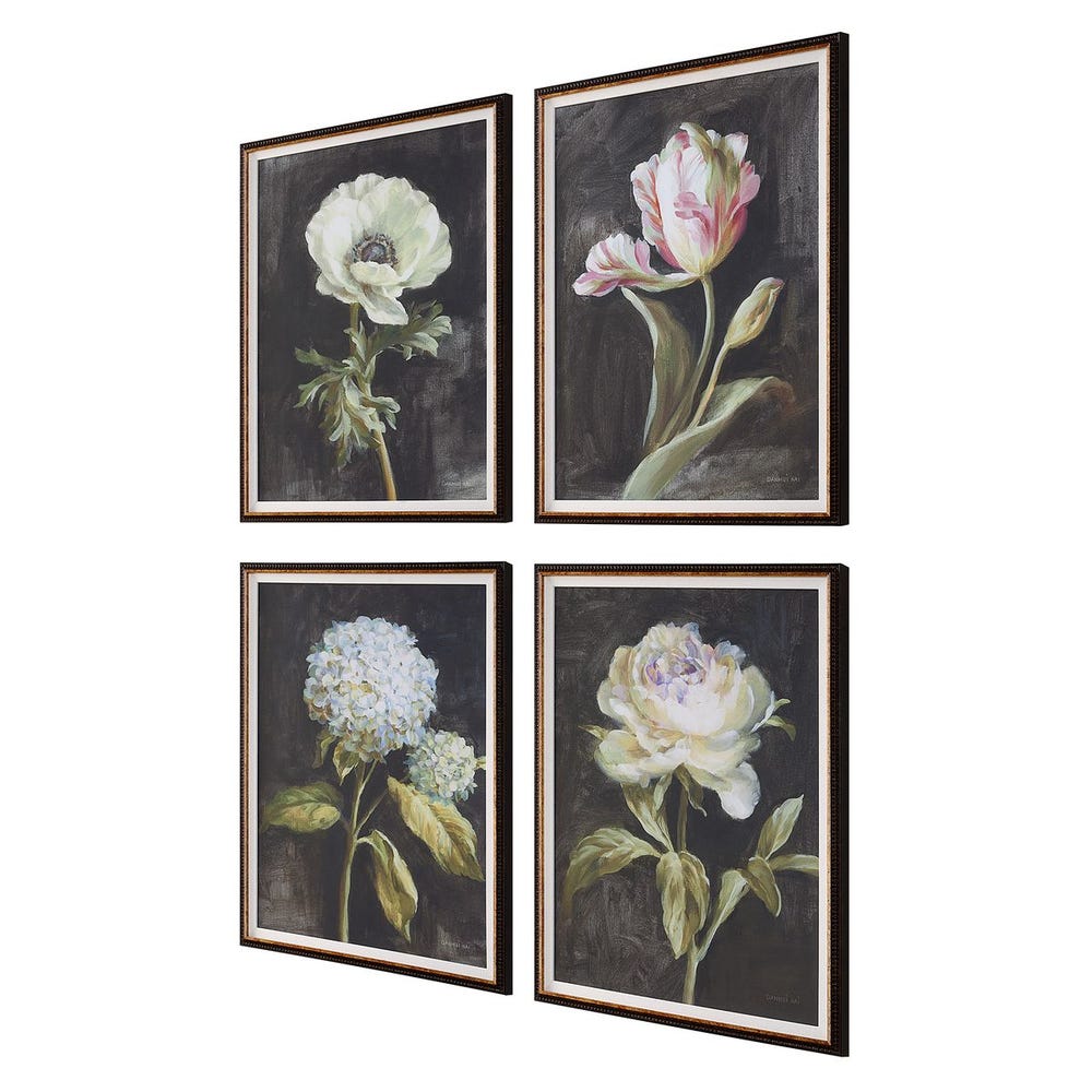 Florals on Black Framed Prints, S/4