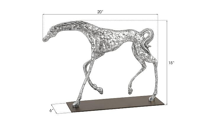 Sculpture de cheval cabré sur socle en métal noir, feuille d'argent