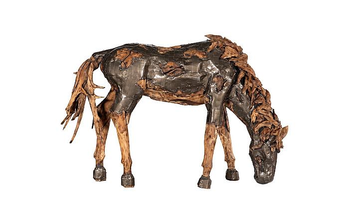 Sculpture de cheval Mustang blindé, broutant, finition bronze naturel