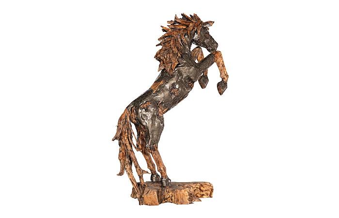 Sculpture de cheval Mustang en armure, cabré, finition bronze naturel