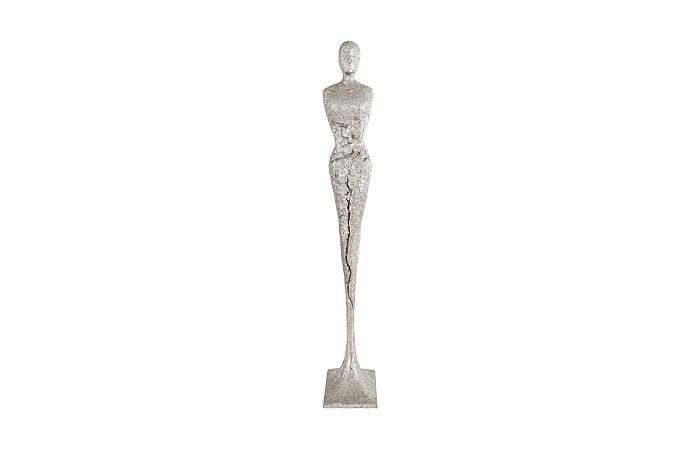 Tall Chiseled Female Sculpture, Resin, Silver Leaf