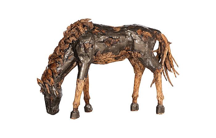 Sculpture de cheval Mustang blindé, broutant, finition bronze naturel