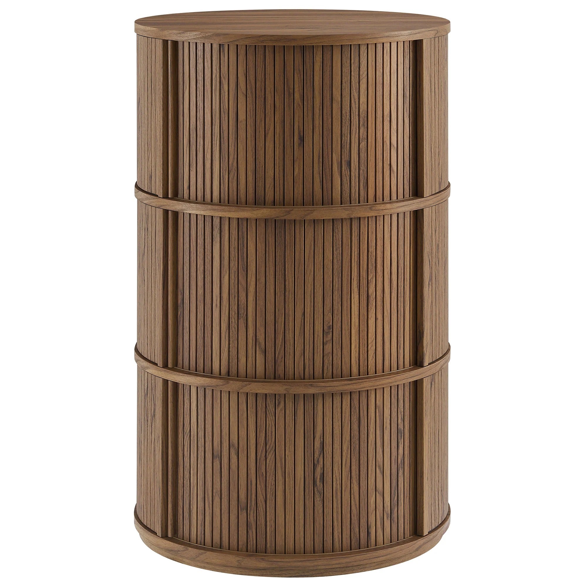 Clement Round Pedestal Stand Storage Table With Sliding Tambour Doors in Walnut