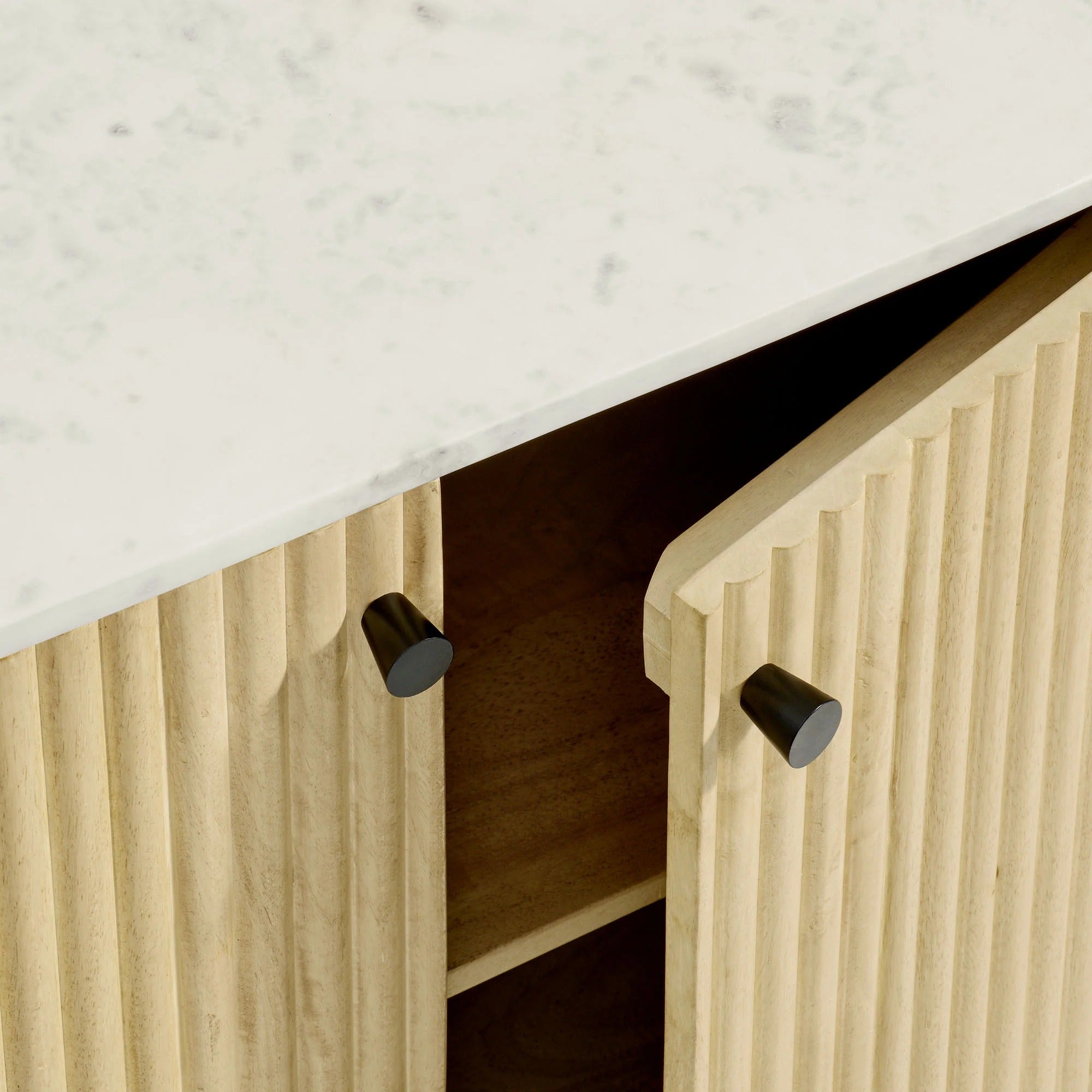 Caldera 33" Curved Solid Wood and Marble Accent Storage Cabinet in Natural