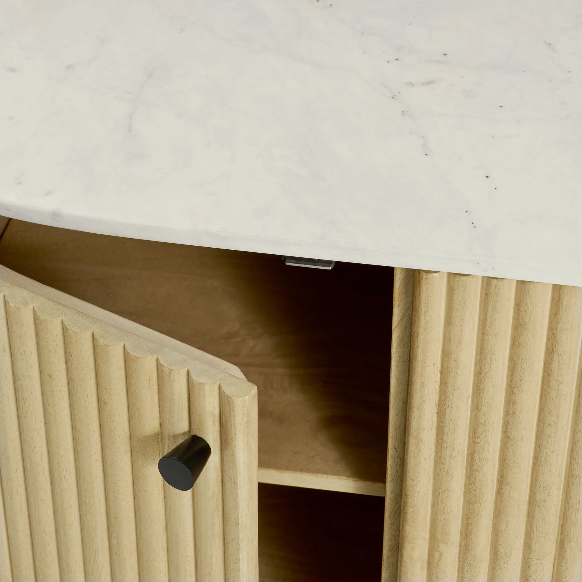 Caldera 60" Curved Solid Wood and Marble Sideboard Storage Cabinet in Natural
