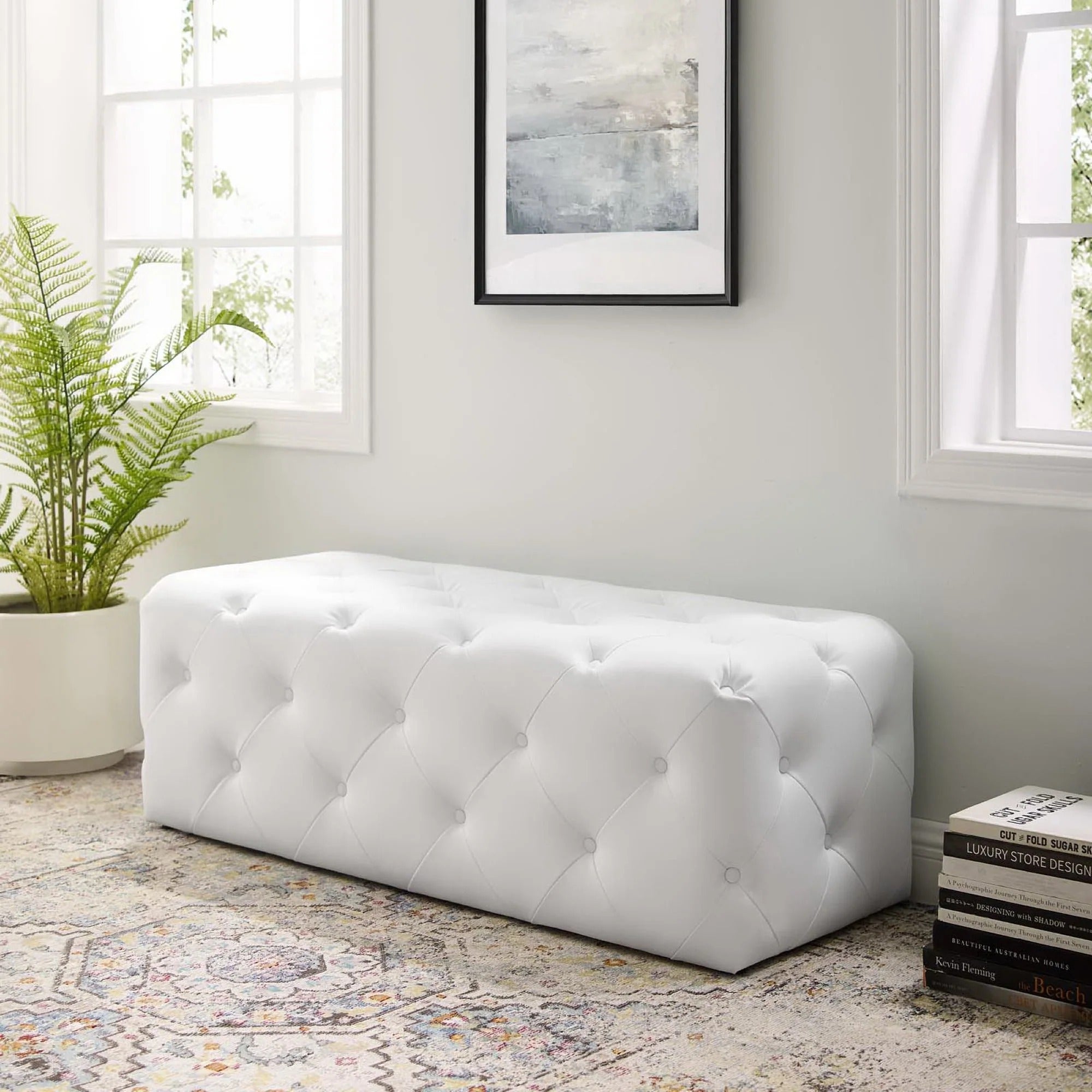 Amour 48" Tufted Button Entryway Faux Leather Bench in White