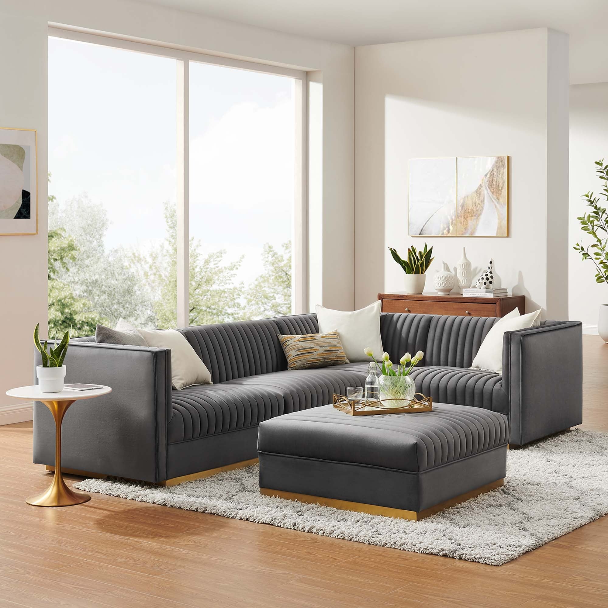 Sanguine 5-Piece Channel Tufted Performance Velvet Right-Facing Modular Sectional Sofa in Gray