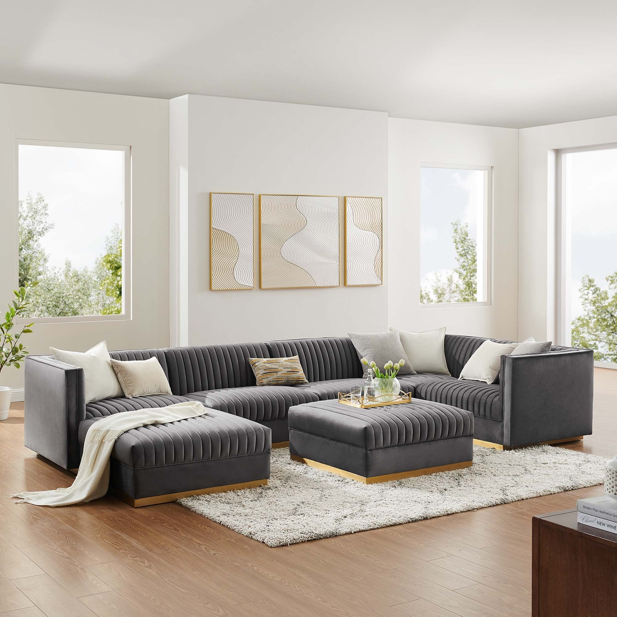 Sanguine 7-Piece Channel Tufted Performance Velvet Right-Facing Modular Sectional Sofa in Gray
