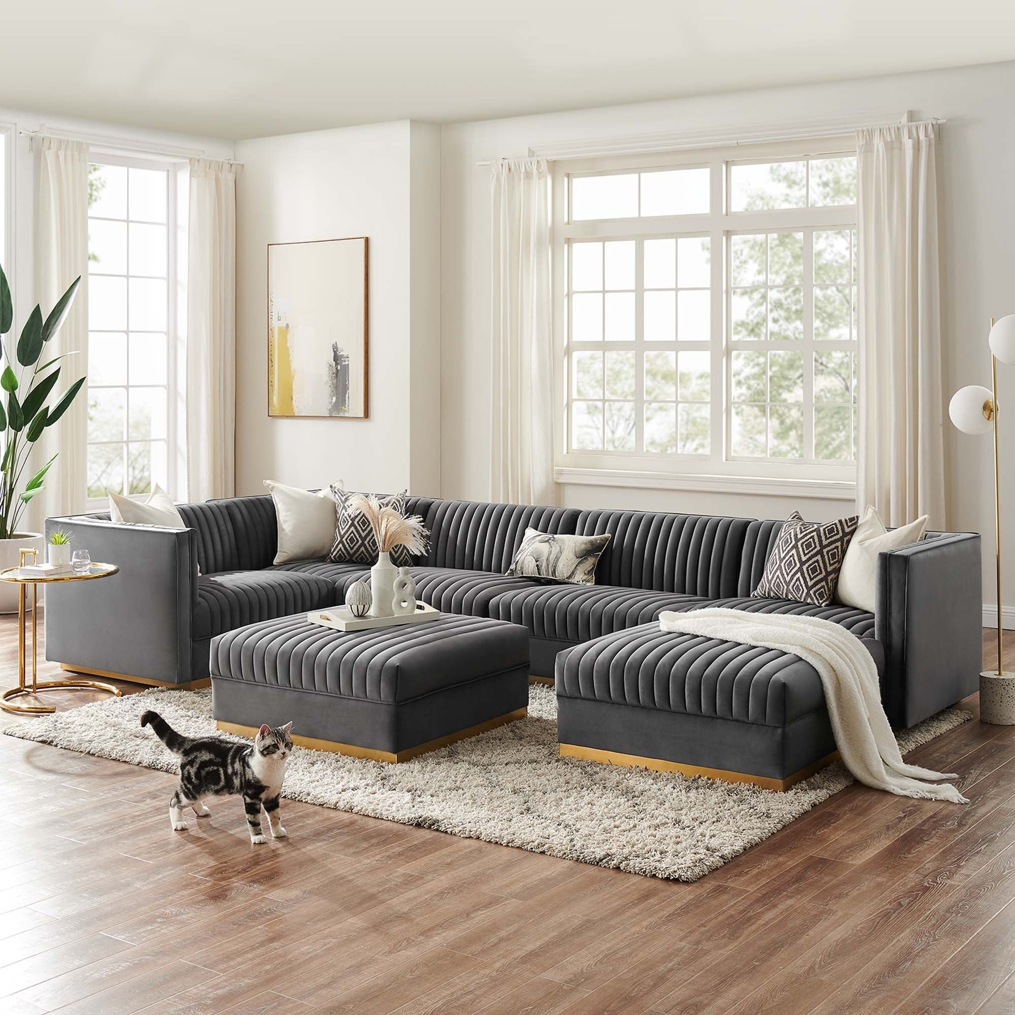 Sanguine 7-Piece Channel Tufted Performance Velvet Left-Facing Modular Sectional Sofa in Gray