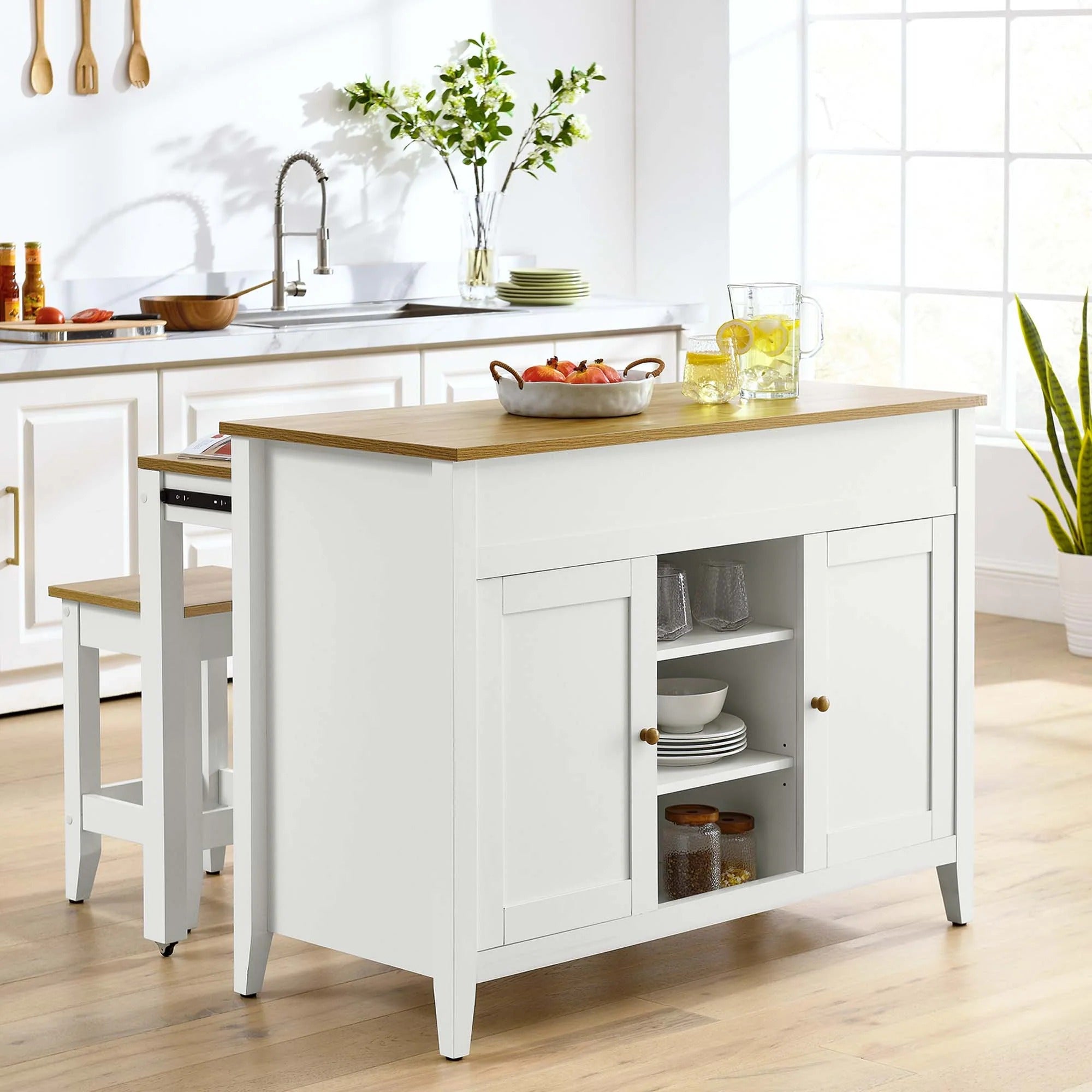 Garland 3-Piece Kitchen Island and Stool Set in Oak White