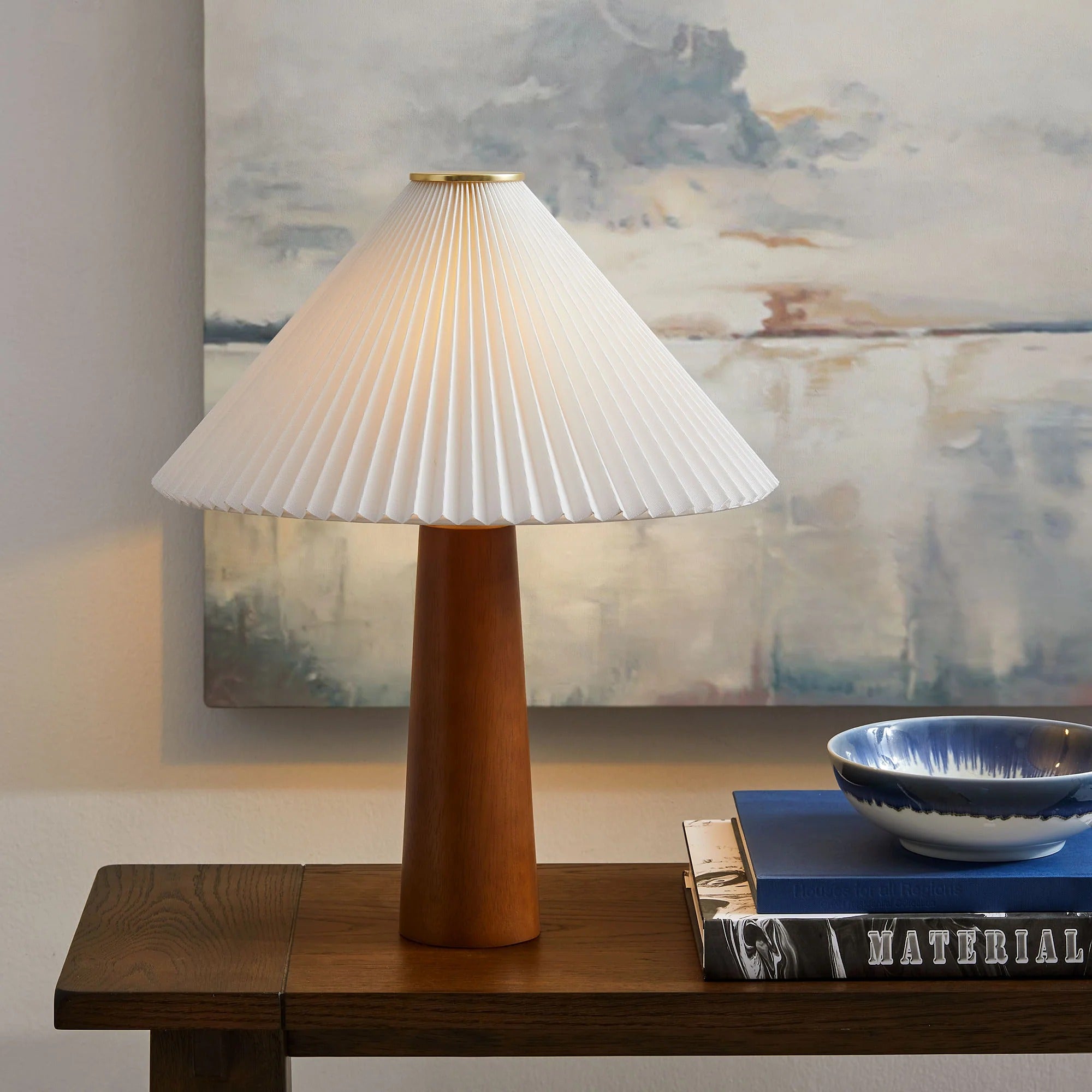 Jessica Wooden Base Table Lamp With Pleated Fabric Shade in Walnut