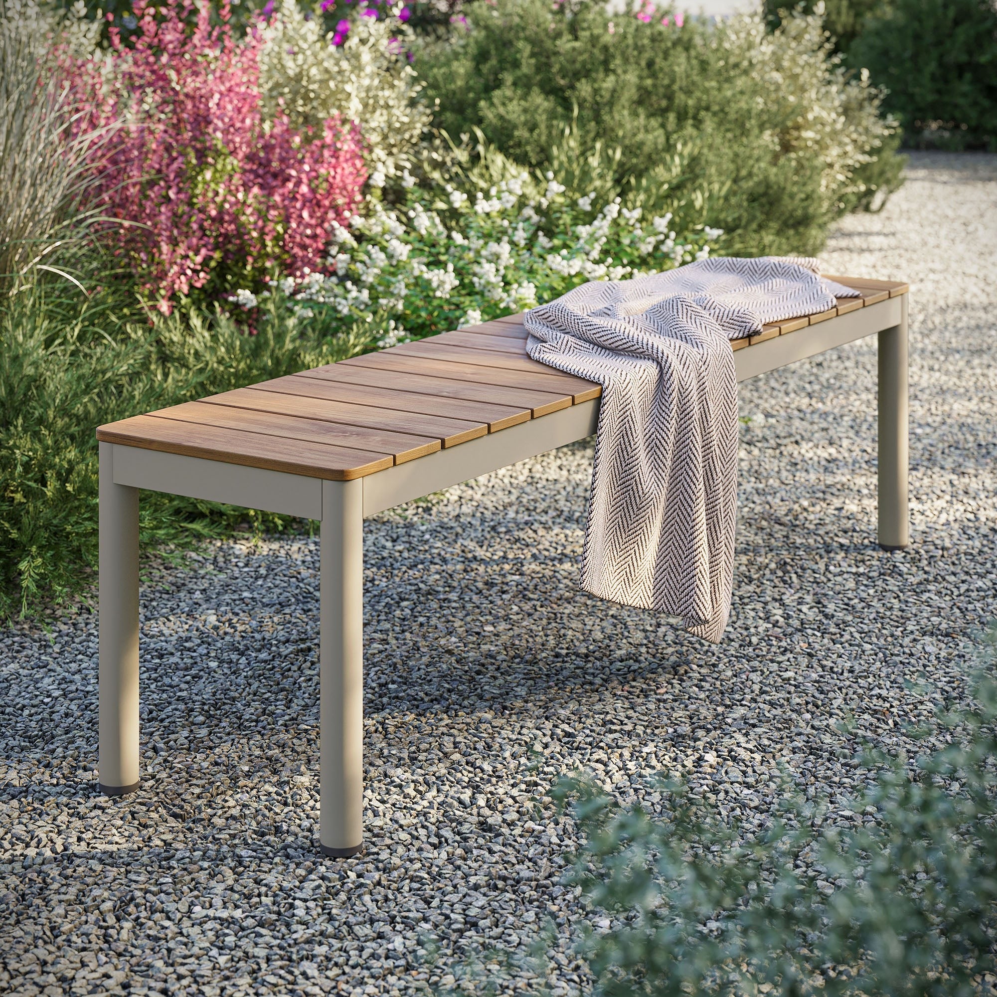 Finn Outdoor Patio Aluminum Bench with Faux Wood Top in Natural