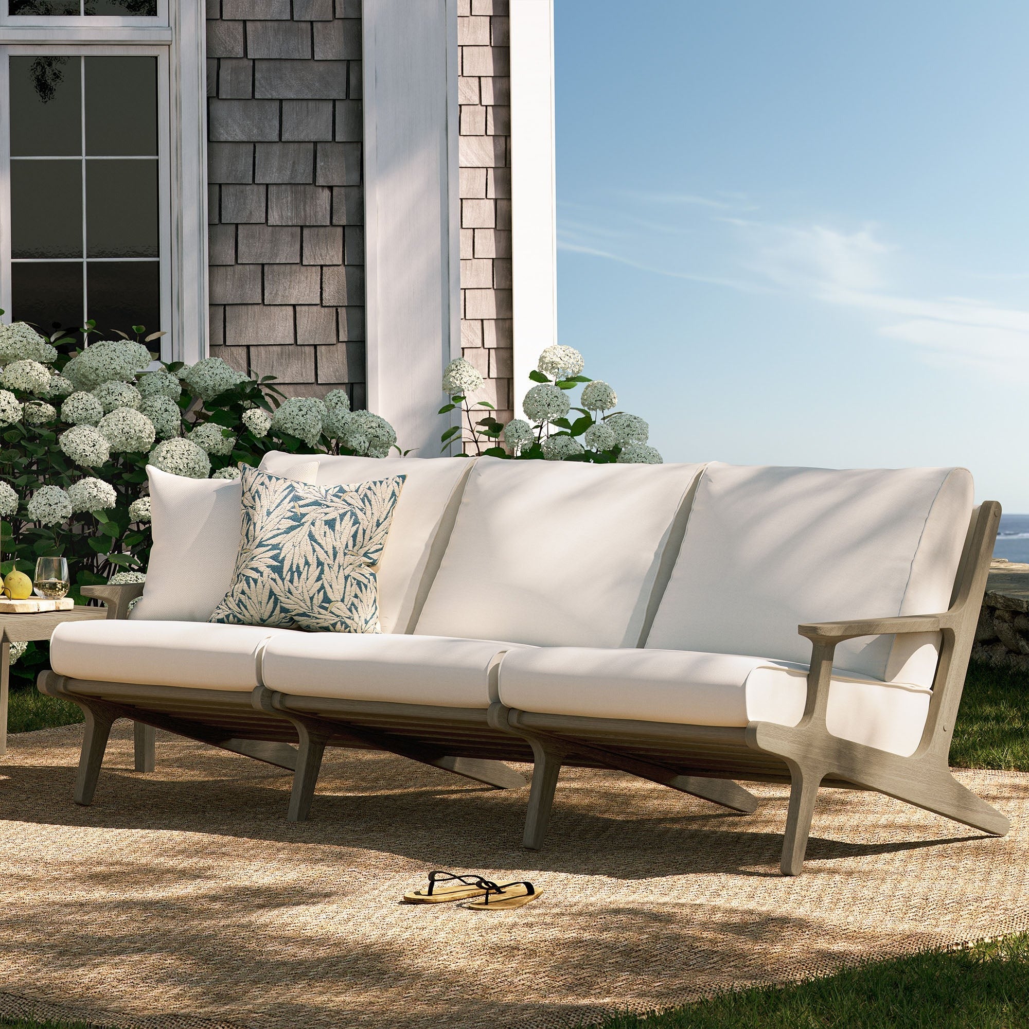 Saratoga Outdoor Patio Teak Sofa in Weathered Gray White