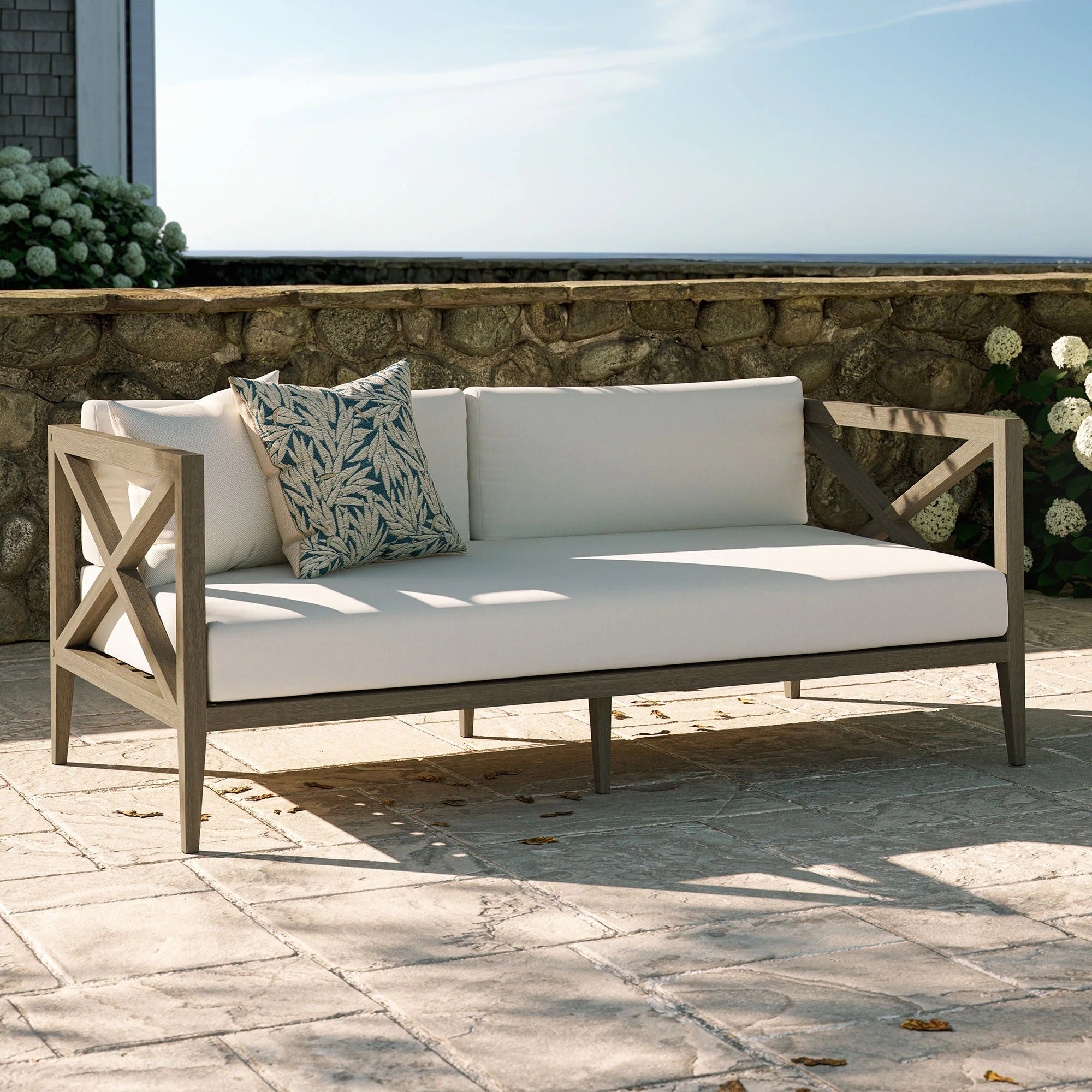 Northlake Outdoor Patio Teak Loveseat in Weathered Gray White