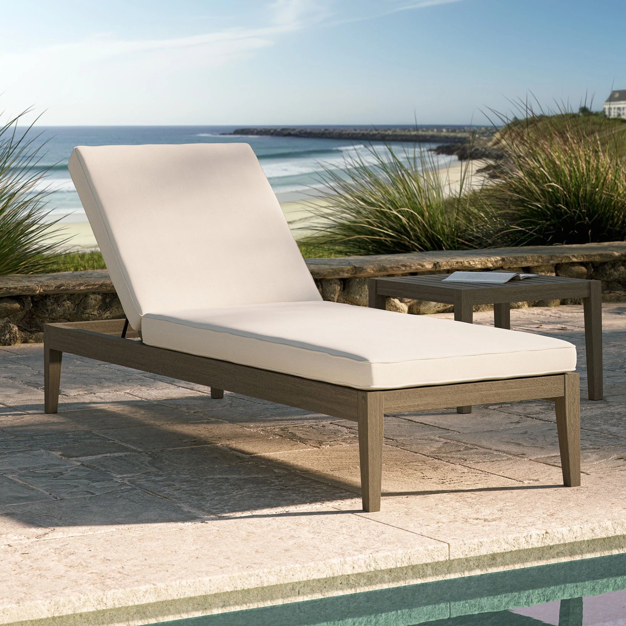 Northlake Outdoor Patio Teak Chaise Lounge in Weathered Gray White