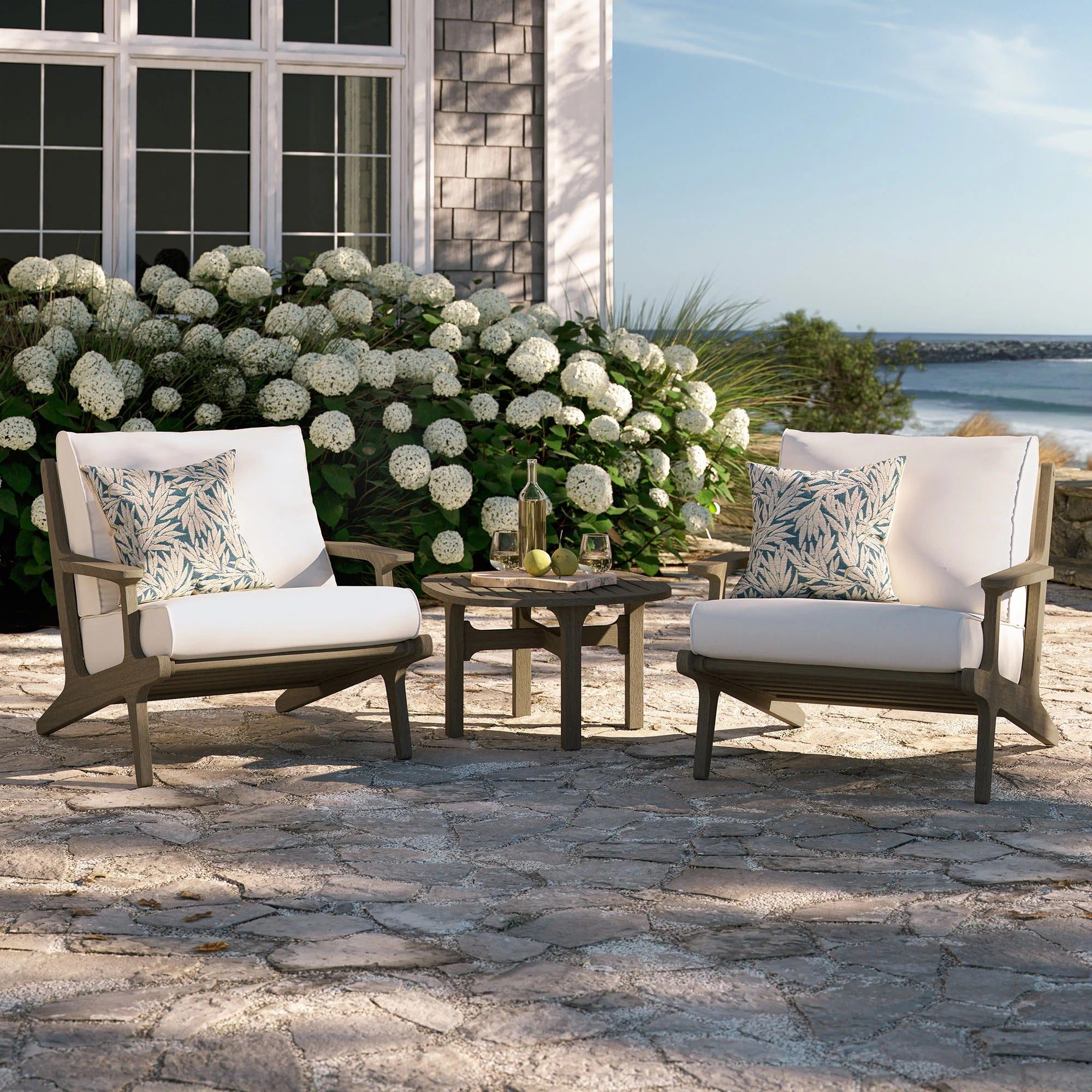 Saratoga 3-Piece Outdoor Patio Teak Wood Furniture Set with Lounge Chairs and Side Table in Weathered Gray White