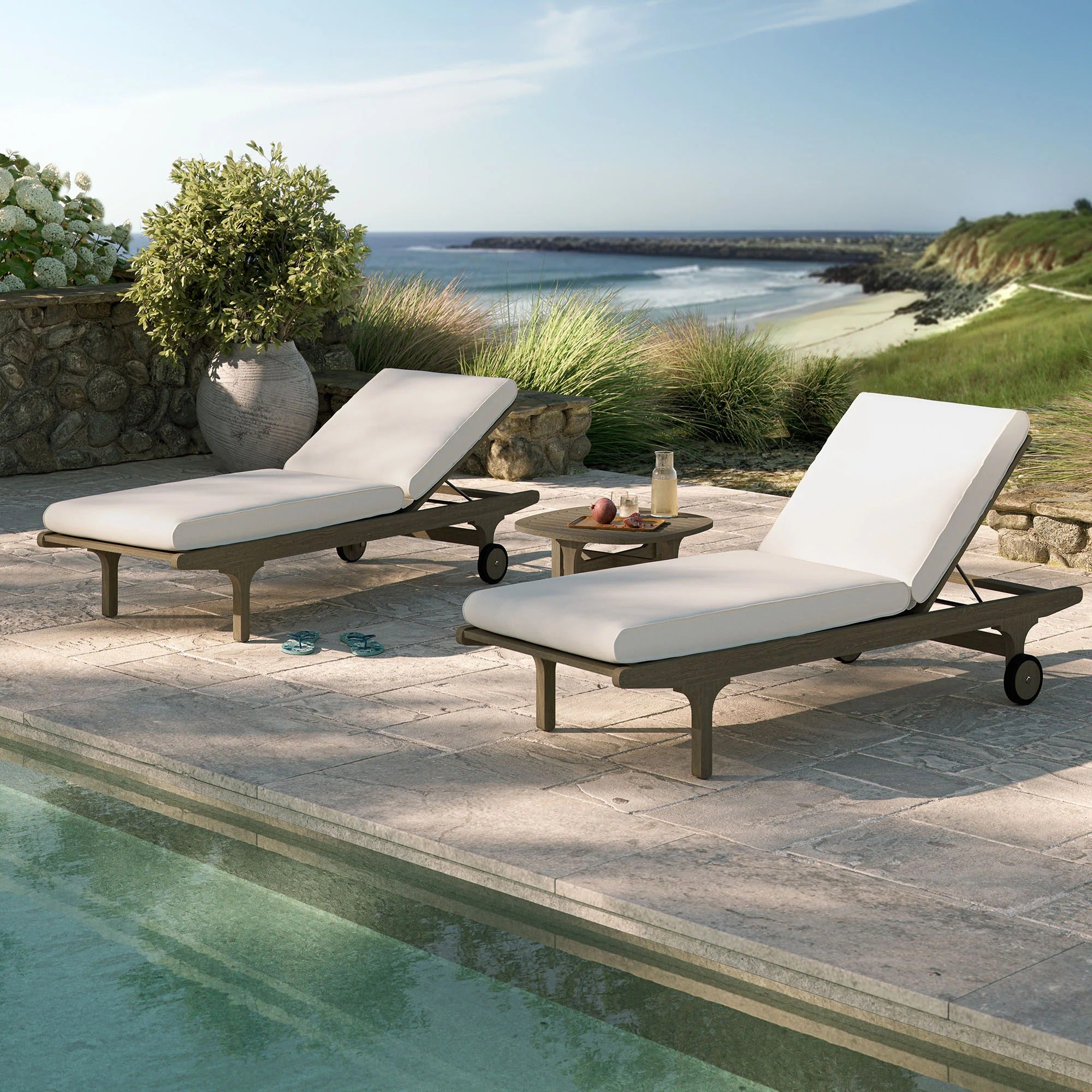 Saratoga Outdoor Patio Teak Wood 3-Piece Chaise Lounge Furniture Set in Weathered Gray