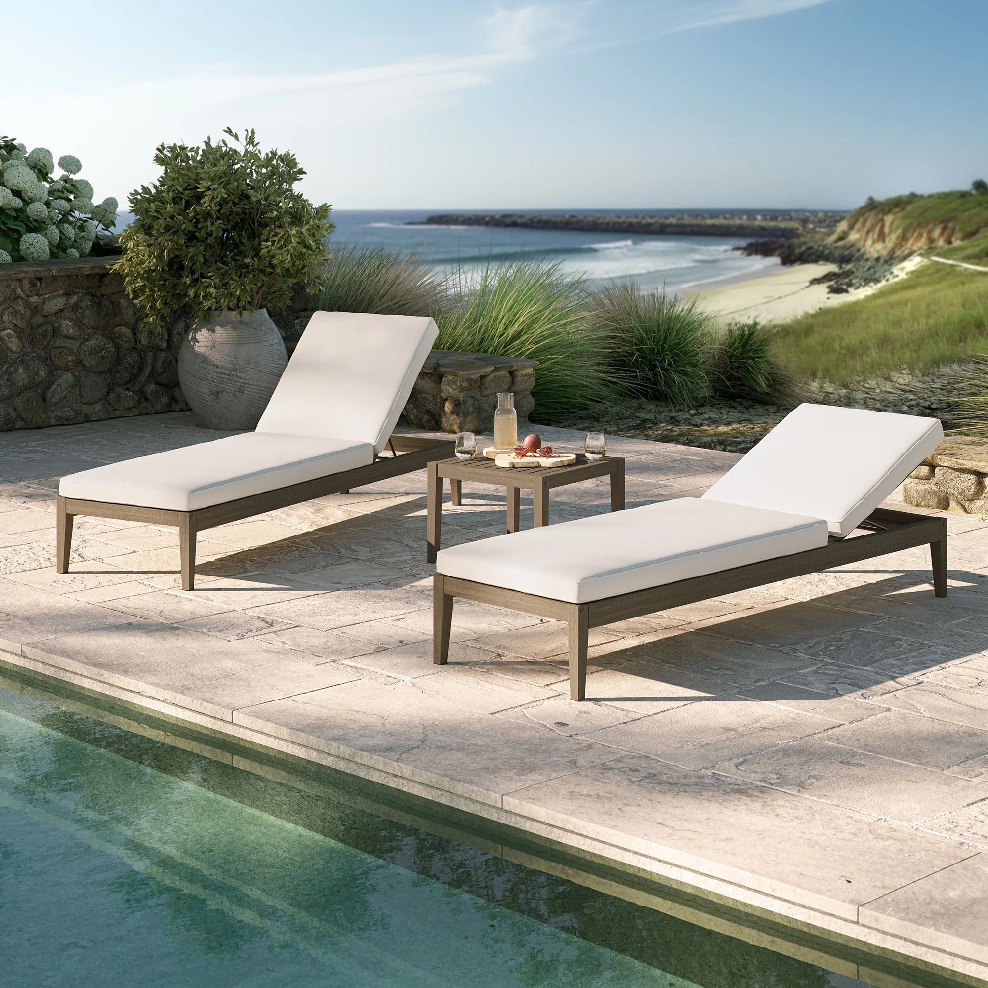 Northlake 3-Piece Outdoor Patio Teak Wood Furniture Set with Chaise Lounges and Side Table in Weathered Gray