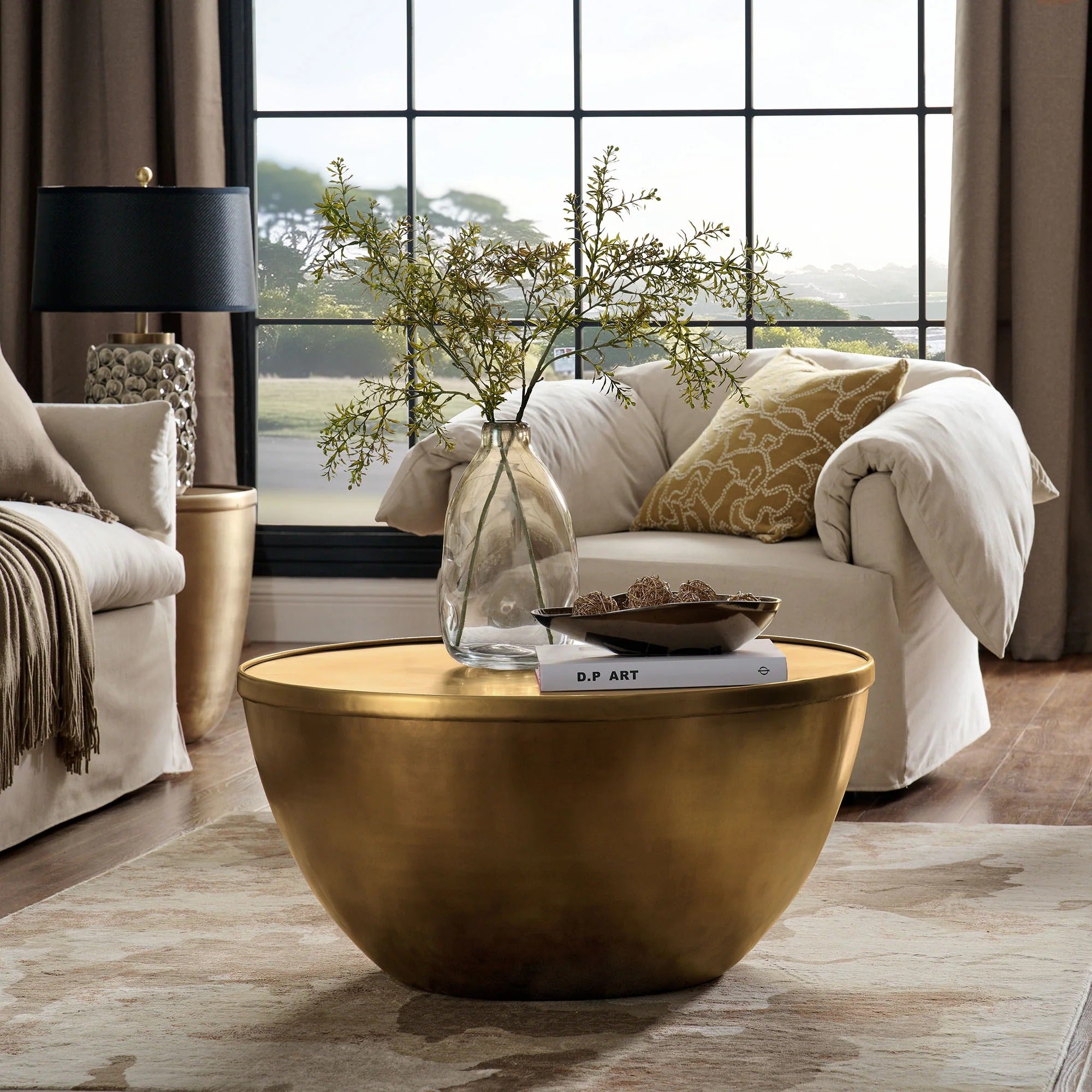 Viora 32 Inch Metal Storage Coffee Table in Burnished Brass