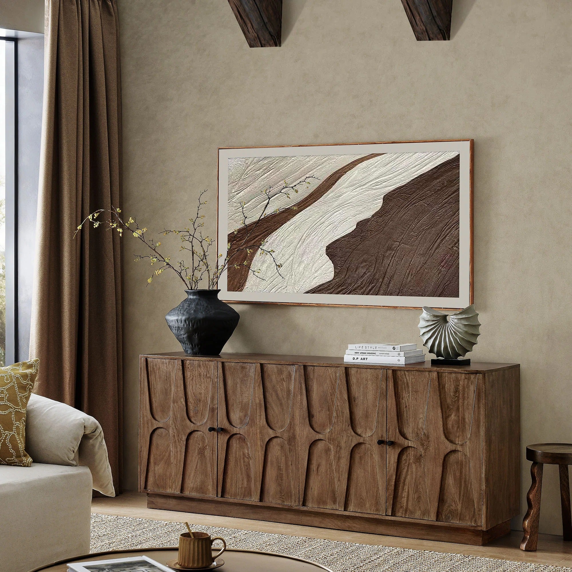 Veda 72" Mango Wood Sideboard Cabinet in Walnut