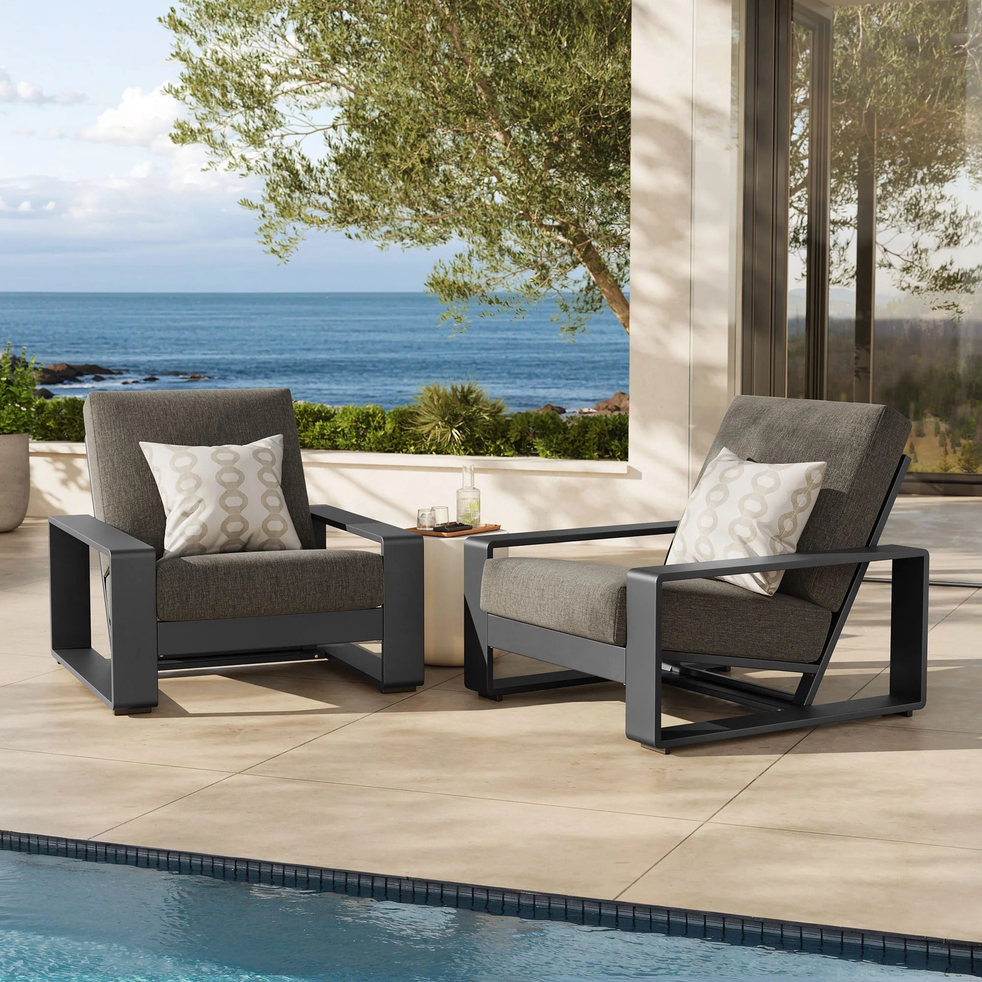 Lirienne Outdoor Patio Aluminum Faux Wood Armchairs Set of 2