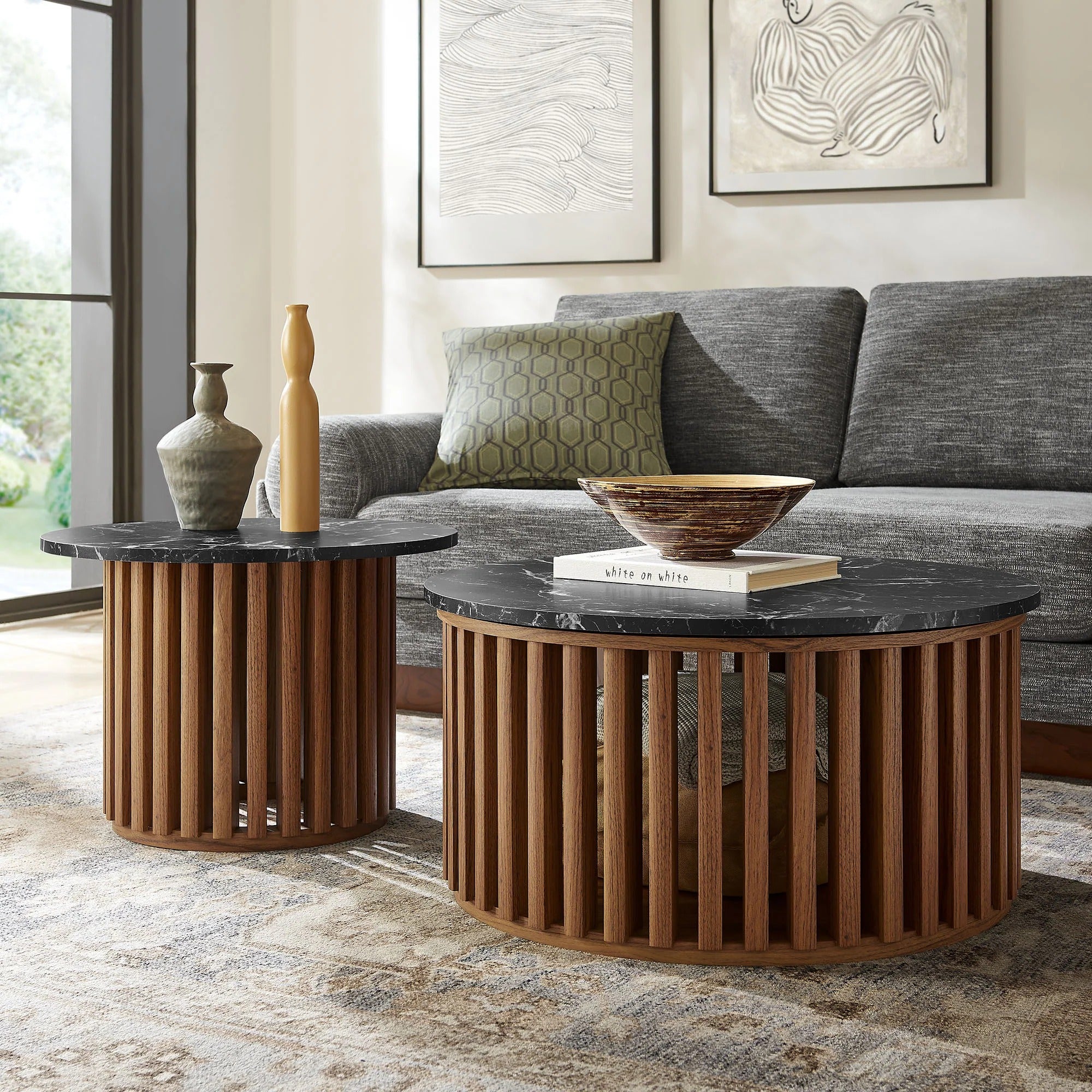 Fortitude Round Faux Marble Top Nesting Coffee Table Set in Walnut Black