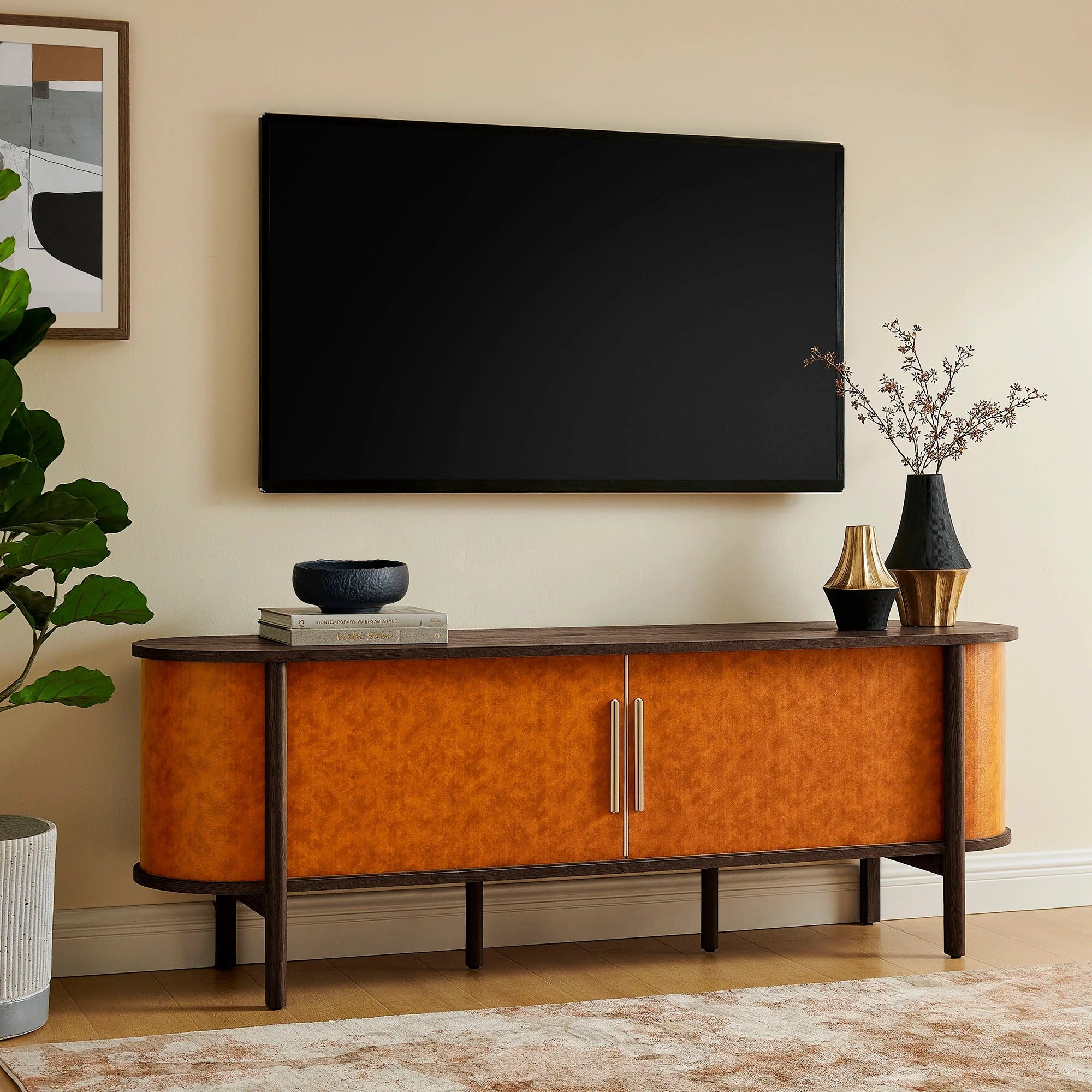 Coralie Curved 71" Vegan Leather Oval TV Stand in Walnut Tan