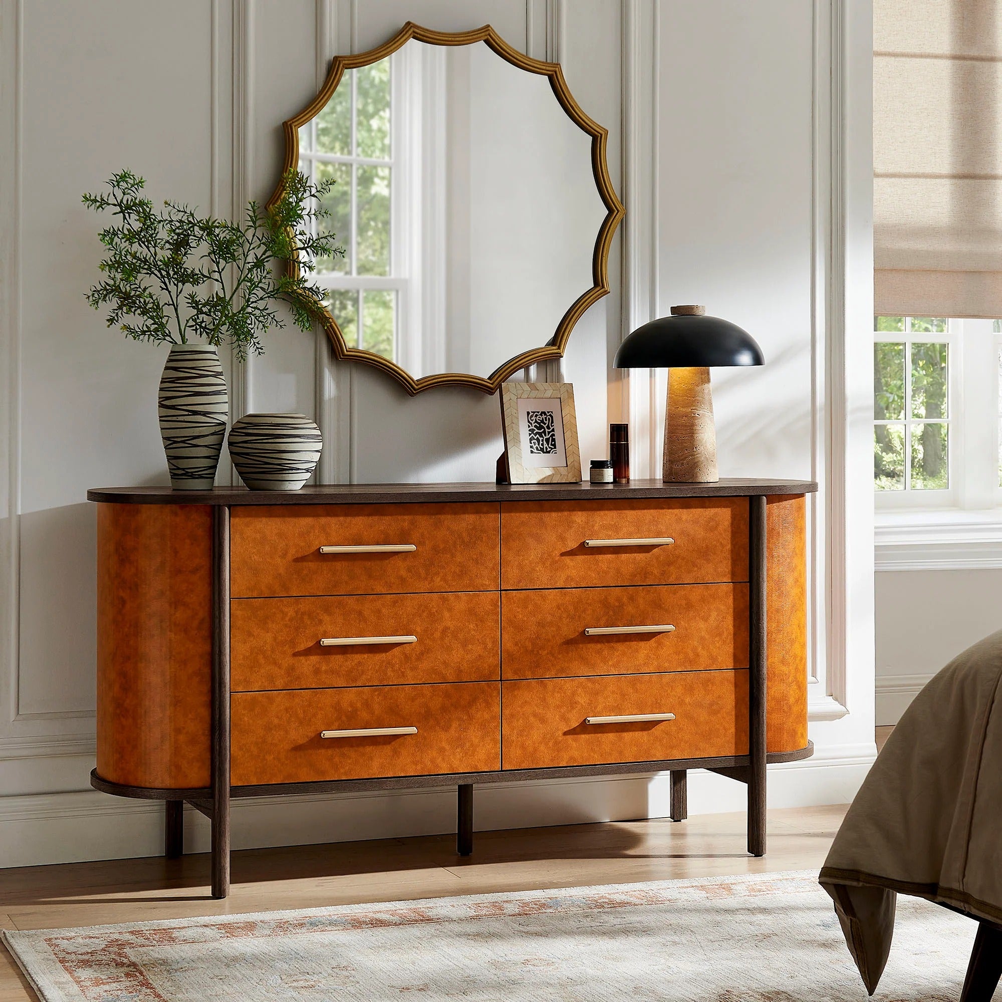 Coralie Curved 6-Drawer Vegan Leather Oval Dresser in Walnut Tan