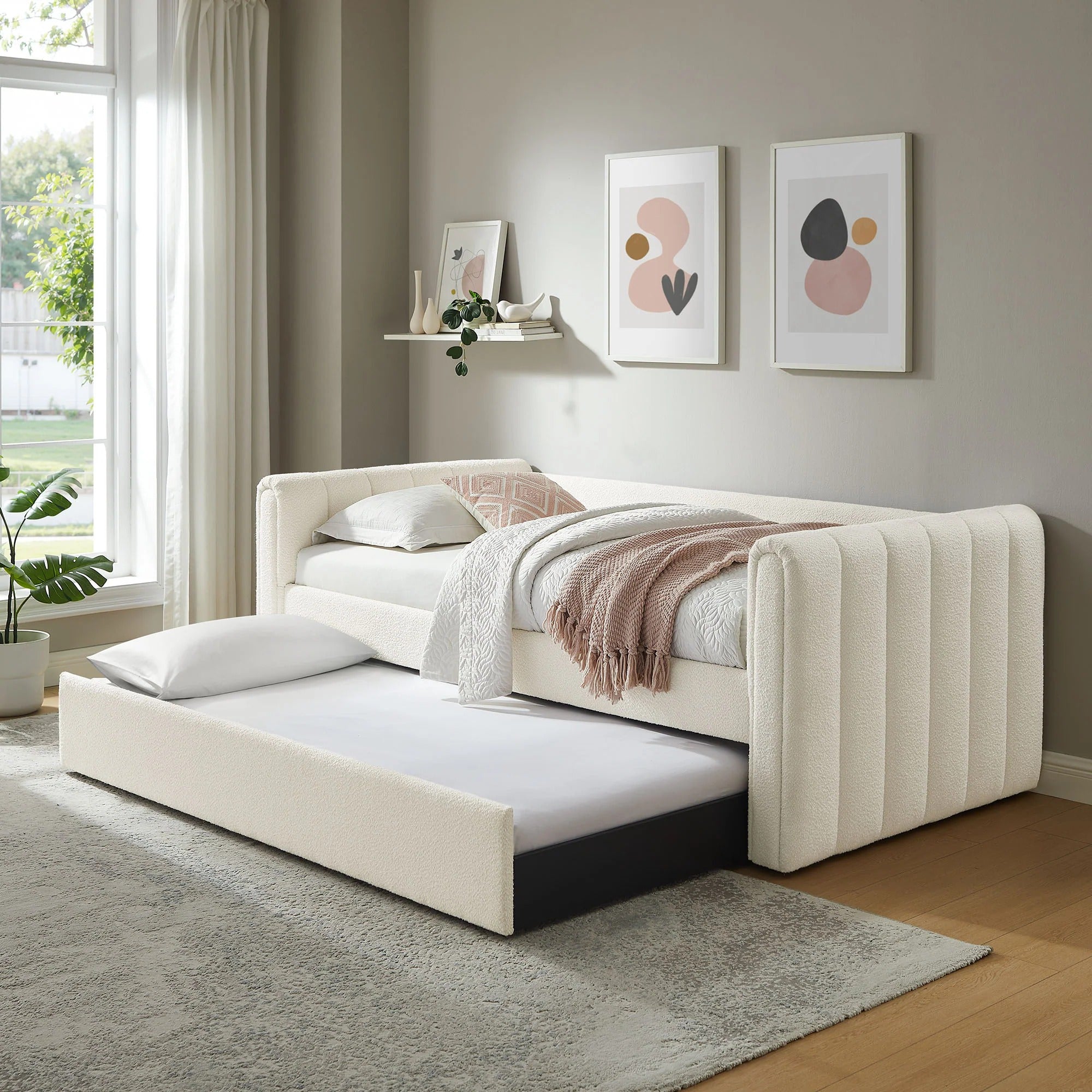 Veyla Channel Tufted Boucle Twin Daybed With Trundle in Cloud