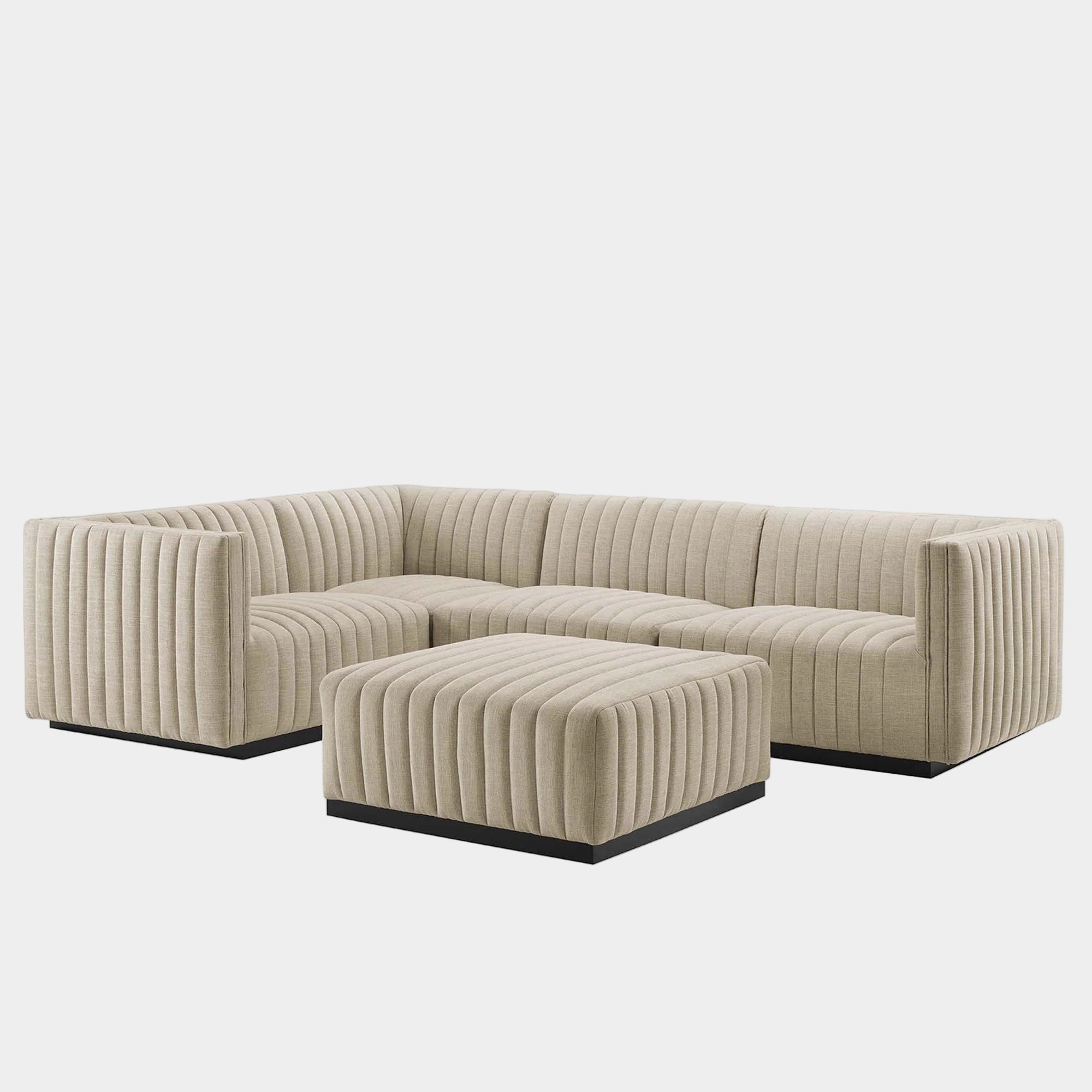 Conjure 5-Piece Channel Tufted Upholstered Fabric Sectional in Black Beige