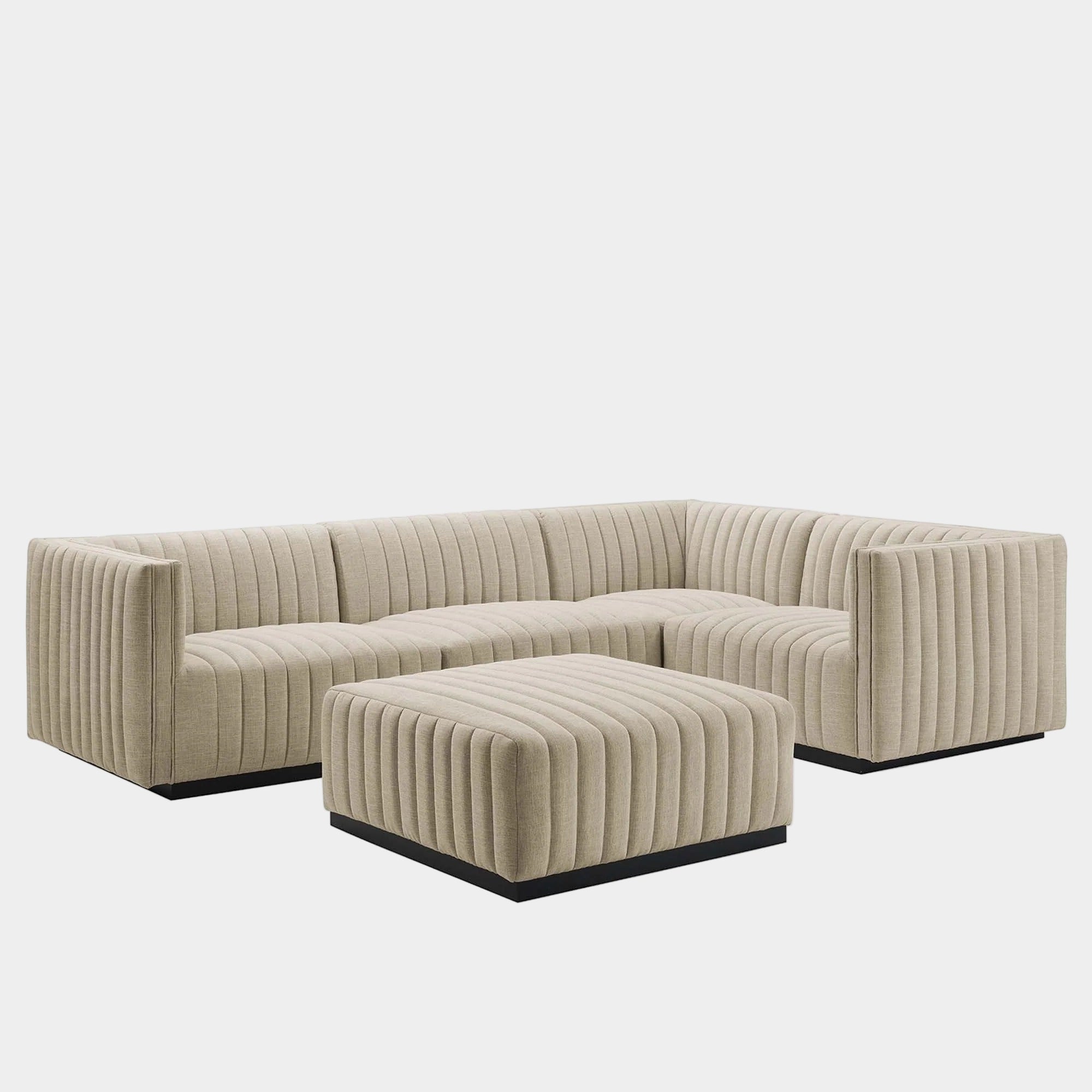 Conjure 5-Piece Channel Tufted Upholstered Fabric Sectional in Black Beige