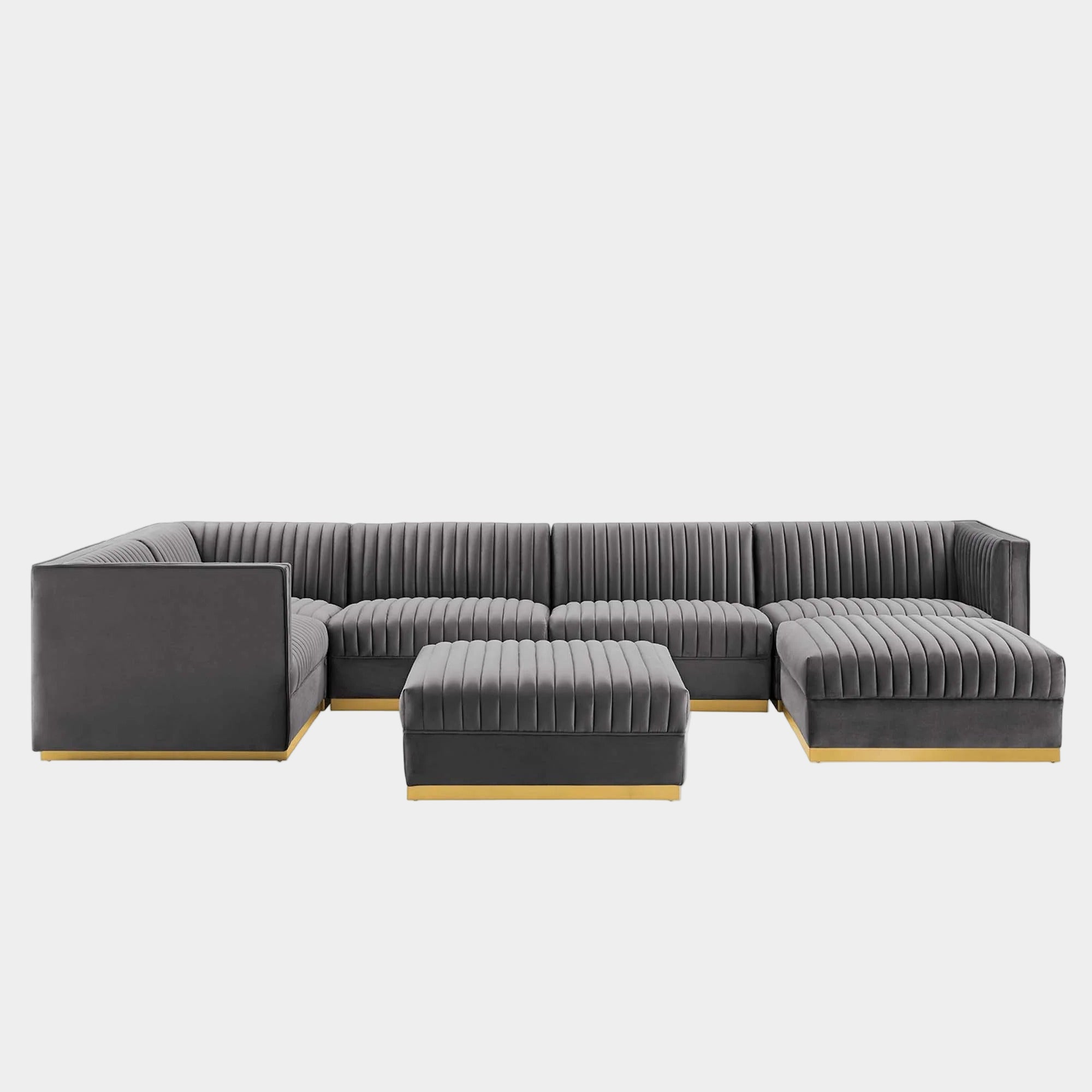 Sanguine 7-Piece Channel Tufted Performance Velvet Left-Facing Modular Sectional Sofa in Gray