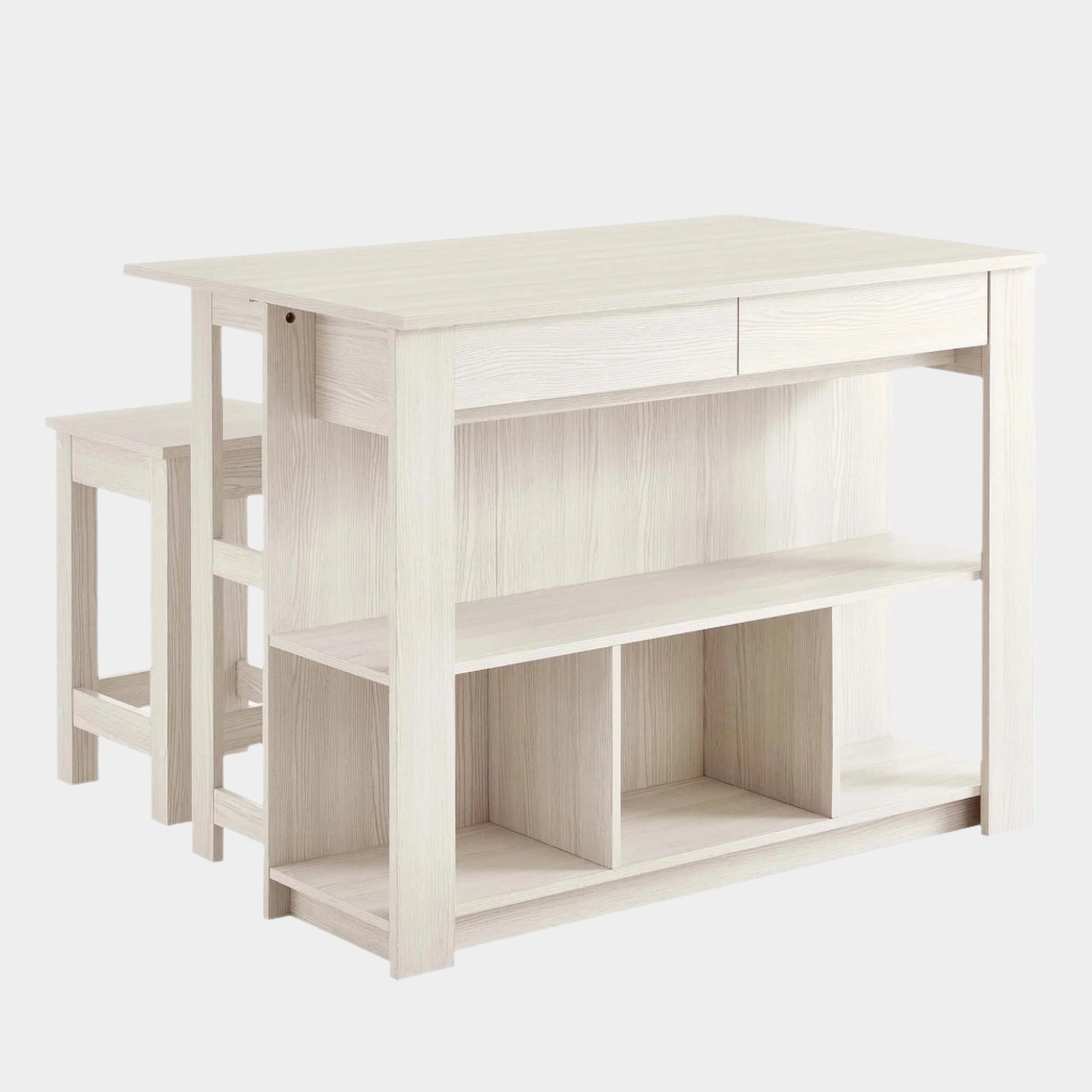 Meadowbrook 3-Piece Kitchen Island and Stool Set in White Maple