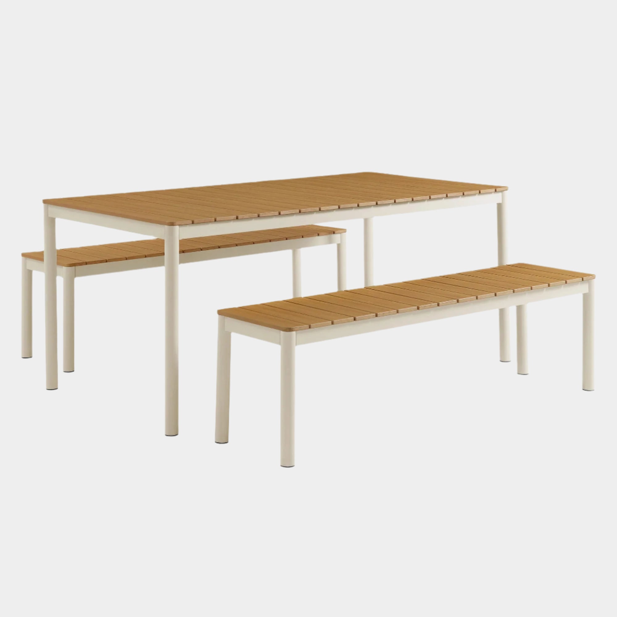 Finn Outdoor Patio Aluminum Faux Wood Dining Set with Benches in Natural